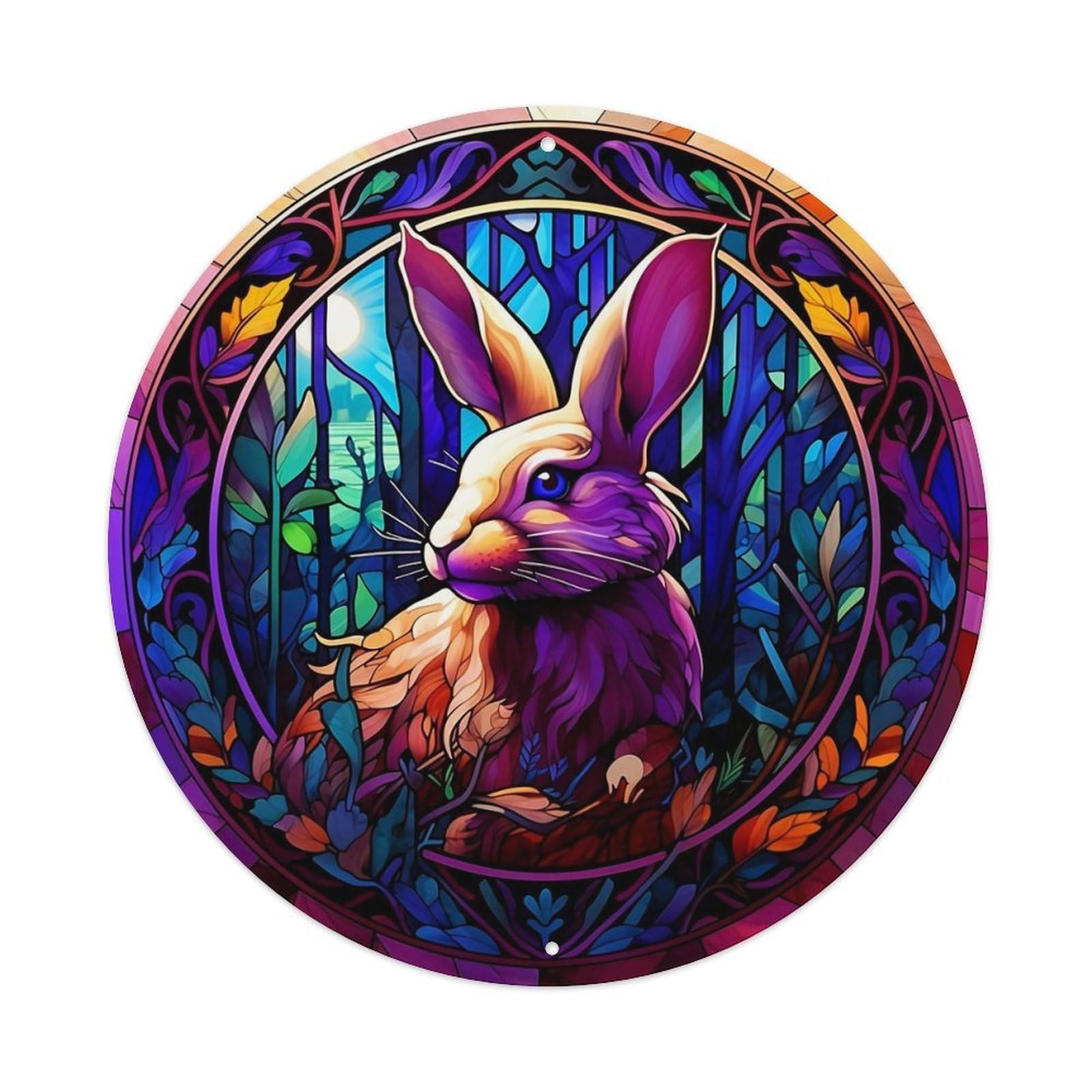 Stained Glass Rabbit Forest Art Round Tin Sign Vintage Metal Sign Home Bar Garden Indoor & Outdoor Wall Decor Retro Metal Poster 8x8 Inch