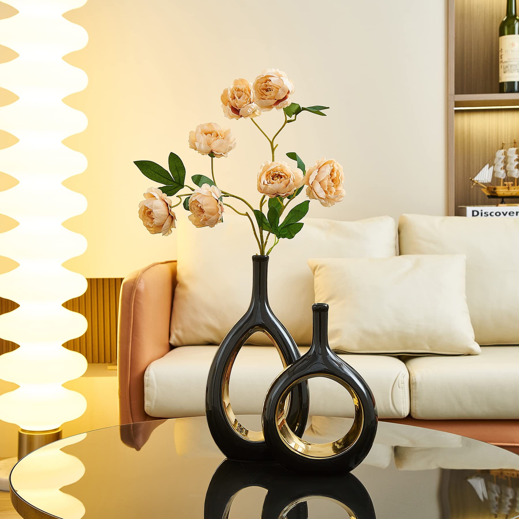 Octdays Schwarz und Gold Vase für Dekor, Moderne Keramikvase für Blumen, Minimalistische Vase, Hohle Ovale Vase für Heimdekoration, Wohnzimmer, Büro, Bücherregal Dekoration, 2er Set (Schwarz Gold)