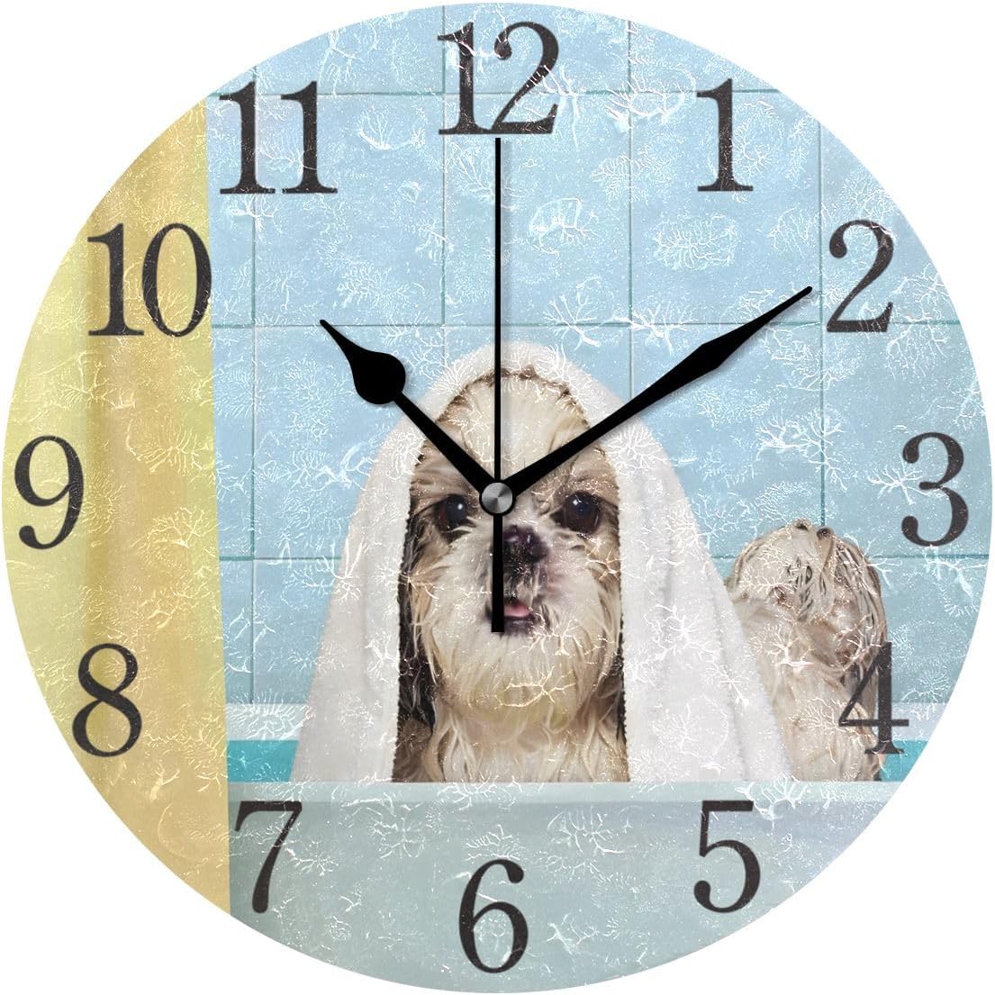 SUABO Shitzu Dog Wall Clock Arabic Numerals Design Cute Wet Dog Round Wall Clock for Living Room Bathroom Home Decorative