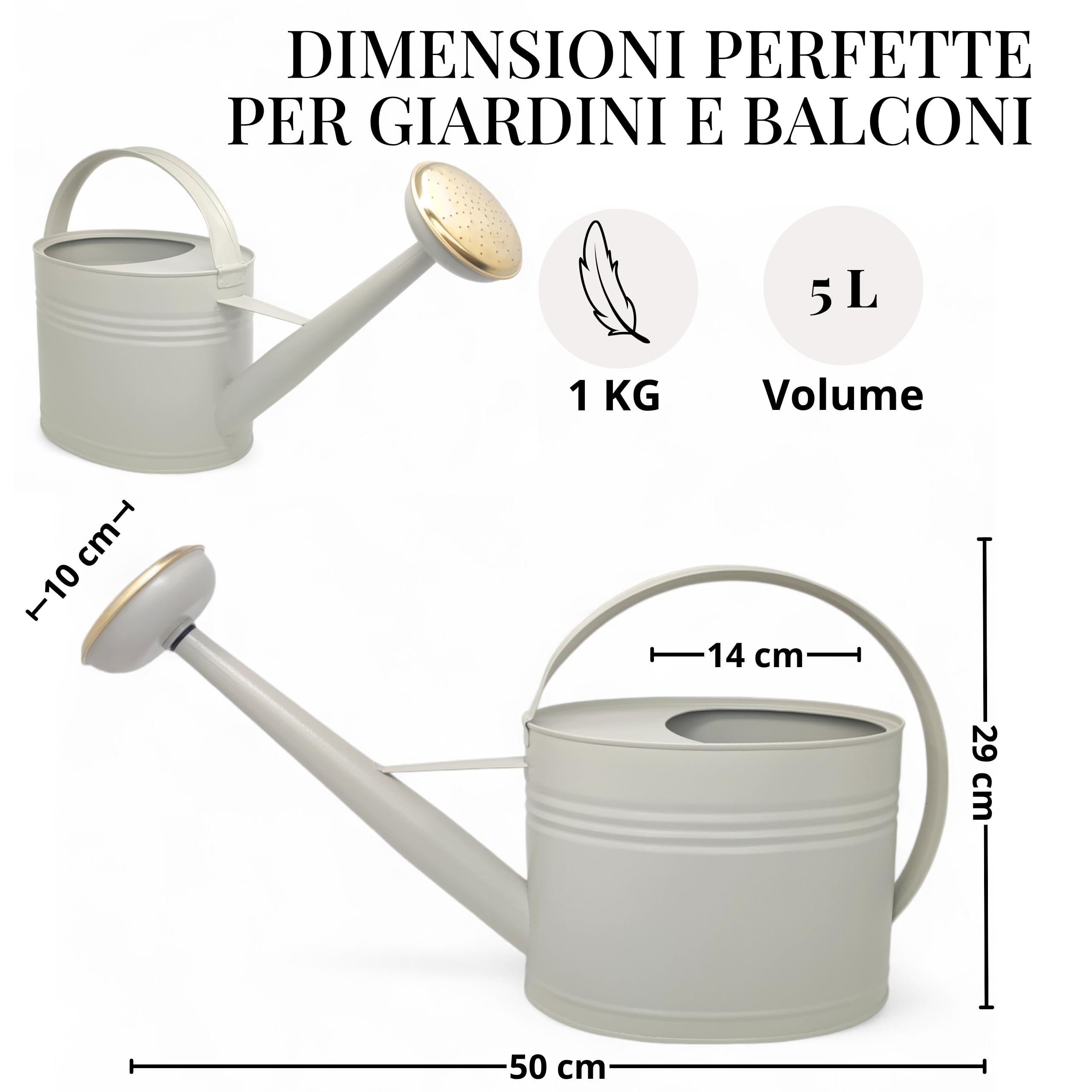 LIVLIG Annaffiatoio 5 Litri Metallo – Giardino e Balcone con Pomello Removibile in Ottone, Design Vintage, Greige