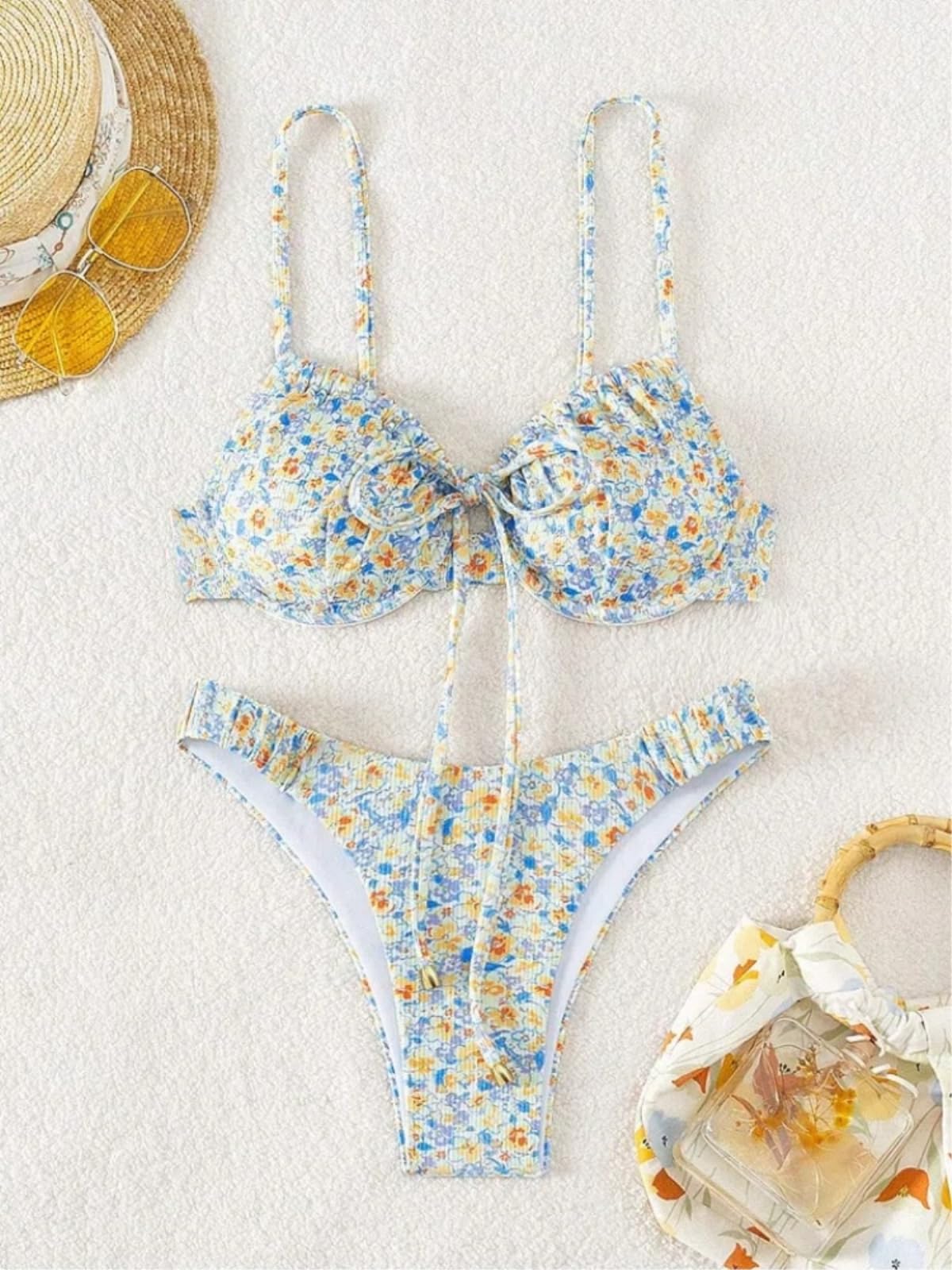 Bikini Mujer Mujeres Floral Impresión Push Up Set Correa Ajustable Traje De Baño Ropa Playa-Yellow-m