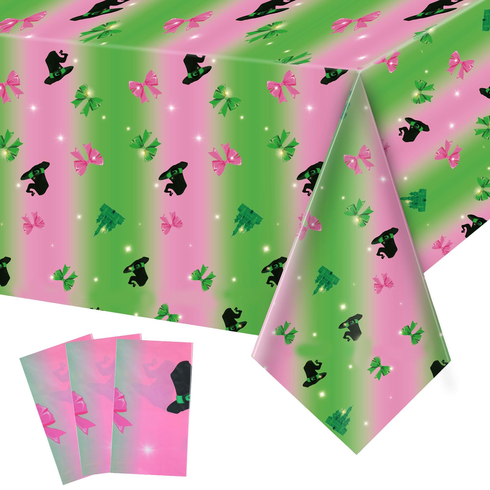 Photo 1 of **cut damage**Tiamon 3 Pcs Pink and Green Party Decorations 54 x 108 Inch Witch Plastic Tablecloth Waterproof Gradient Shiny Bow Rectangle Table Cover for Halloween Witch and Princess Birthday Baby Shower Supplies