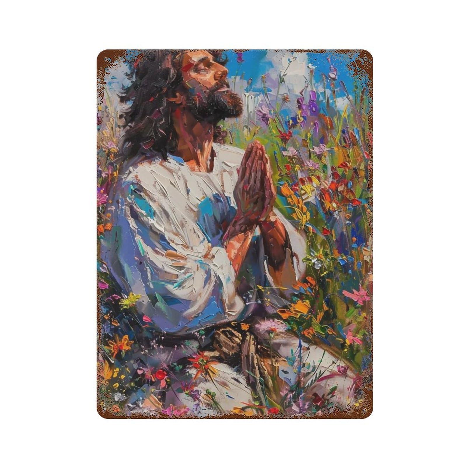 YHGERTKU Jesus in Wildflower Field 01 Wall Art Retro Iron Vintage Metal Tin Sign Poster Modern Decor for Living Rooms Gift 40x30cm