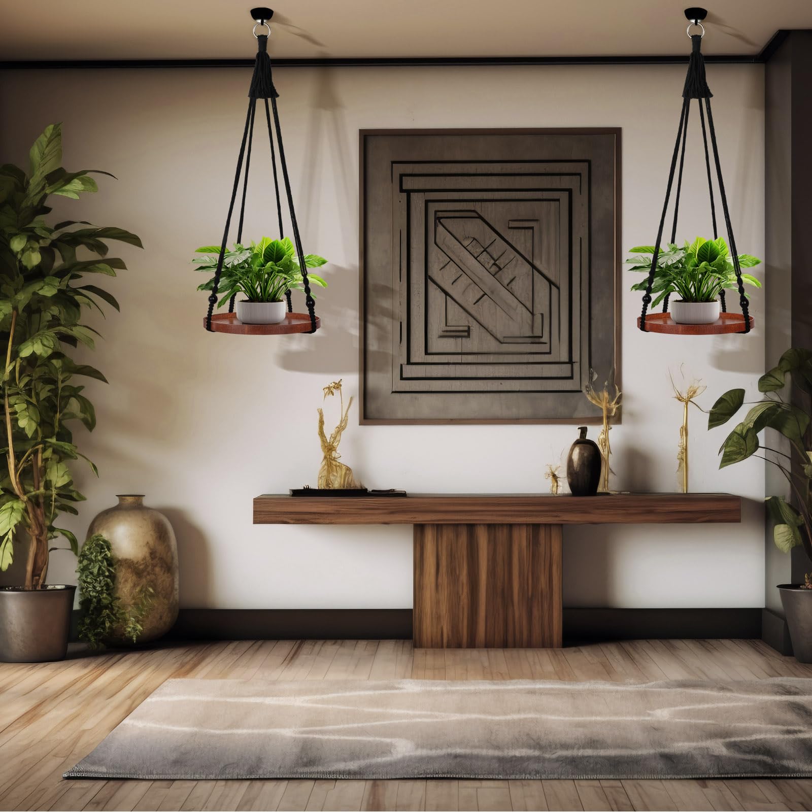 E-Know Lot de 2 supports de plantes en macramé pour plantes d'intérieur à suspendre – Support décoratif pour pot de fleurs – Cintres en coton faits à la main avec plateau en bois