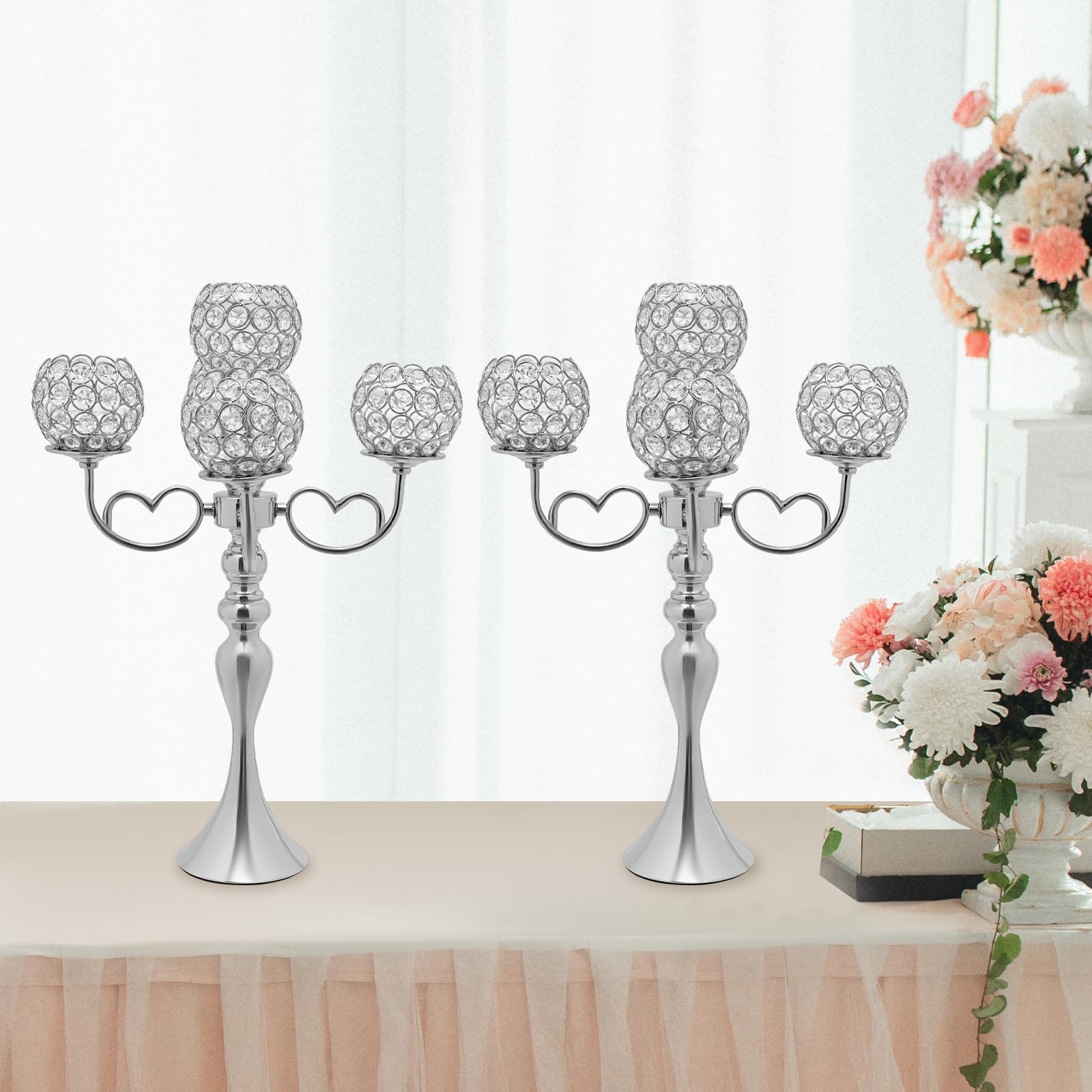 Crystal Candelabra Centerpieces,2 Pcs 5 Arm Silver Centerpieces for Tables 21.5 Inch Tall Removable Crystal Bowls Metal Candlestick Candle Holders for Christmas Party Dinner Formal Event Decoration