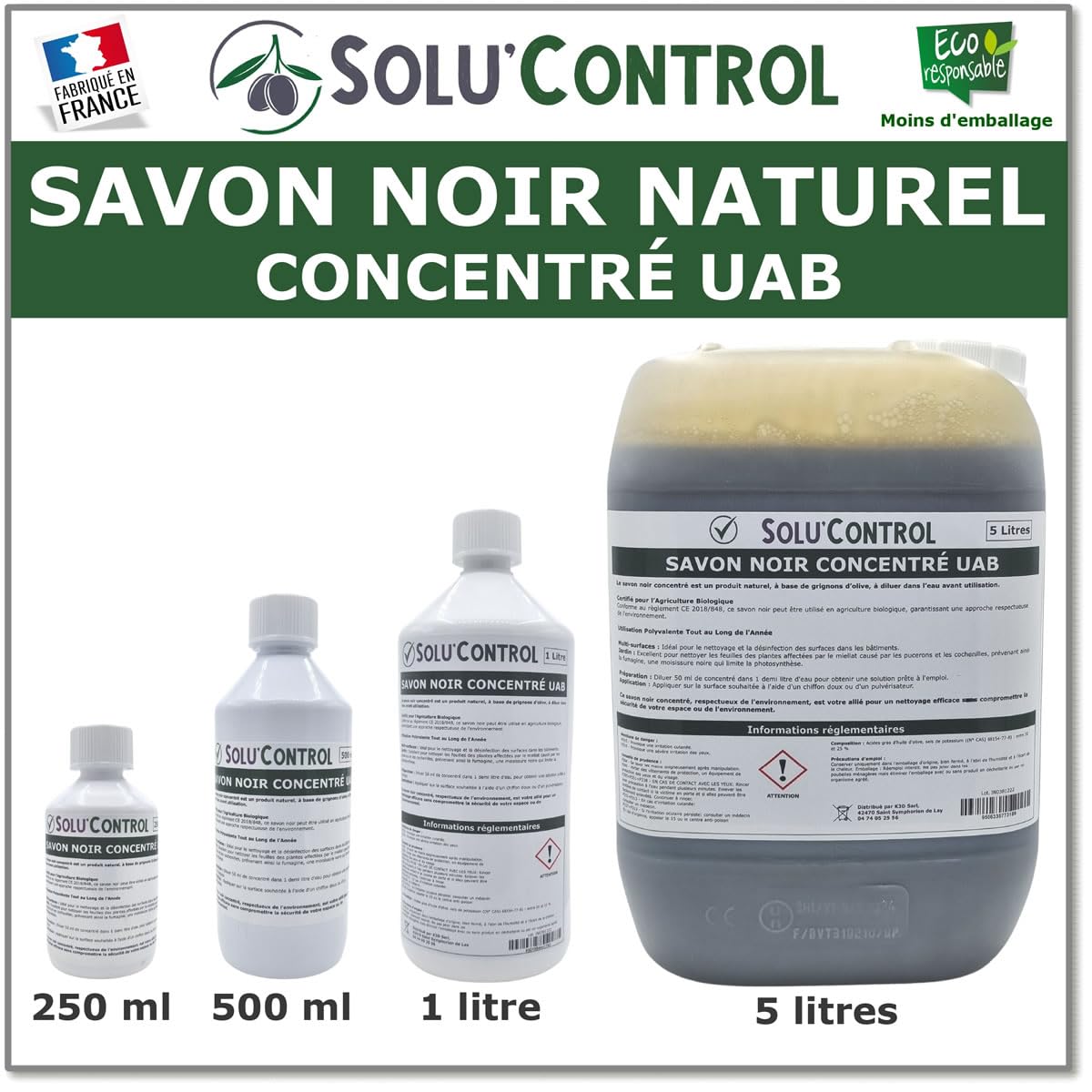 Savon Noir Naturel Concentré UAB Solu'Control, 5 litres, Nettoyant Feuilles et Enlève Miellat - pucerons - cochenilles