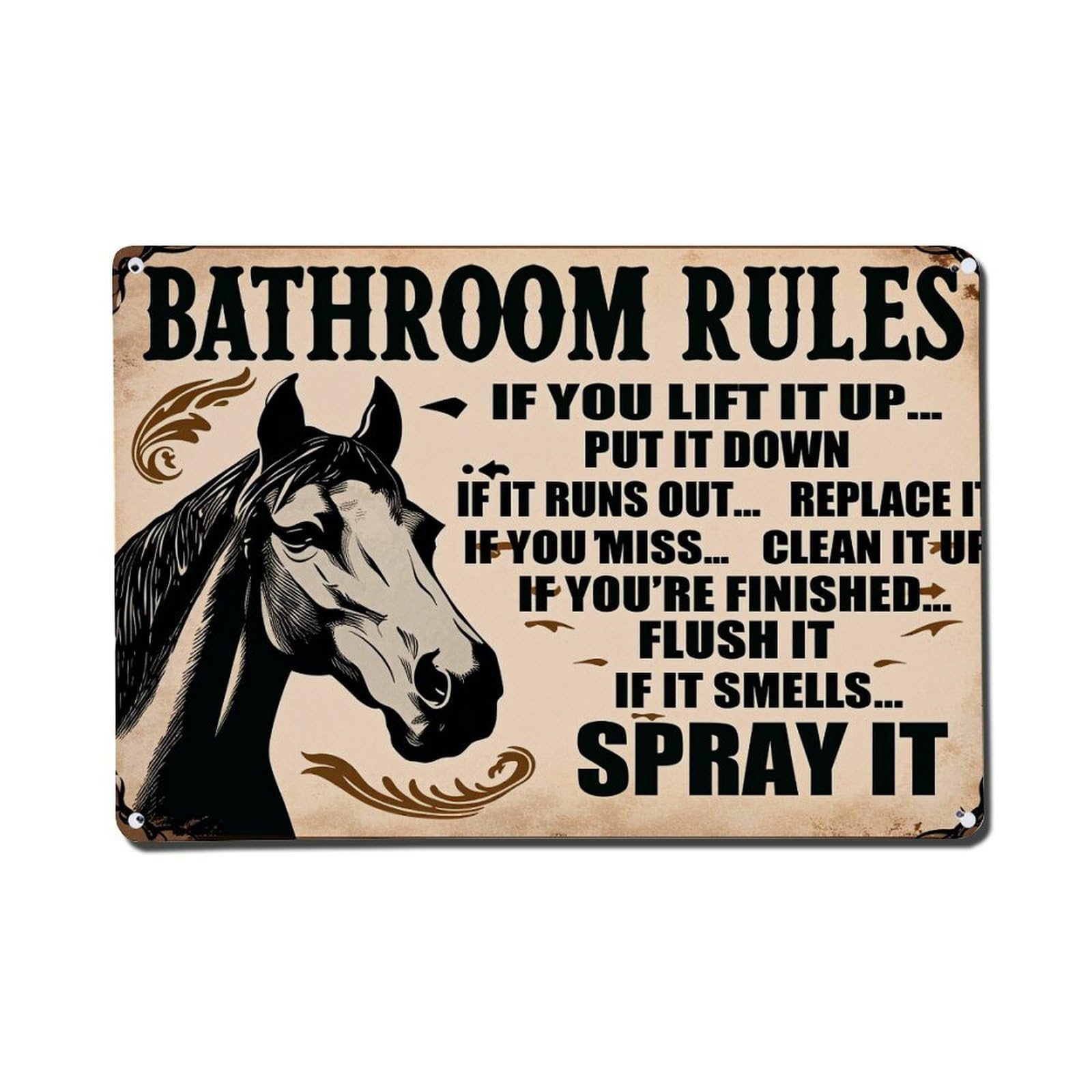 Enderetf Vintage Horse Bathroom Rules Sign Art Tin Sign Metal Poster, Home Bar Garage Man Cave Cafe Indoor & Outdoor Wall Decoration 8X12inches