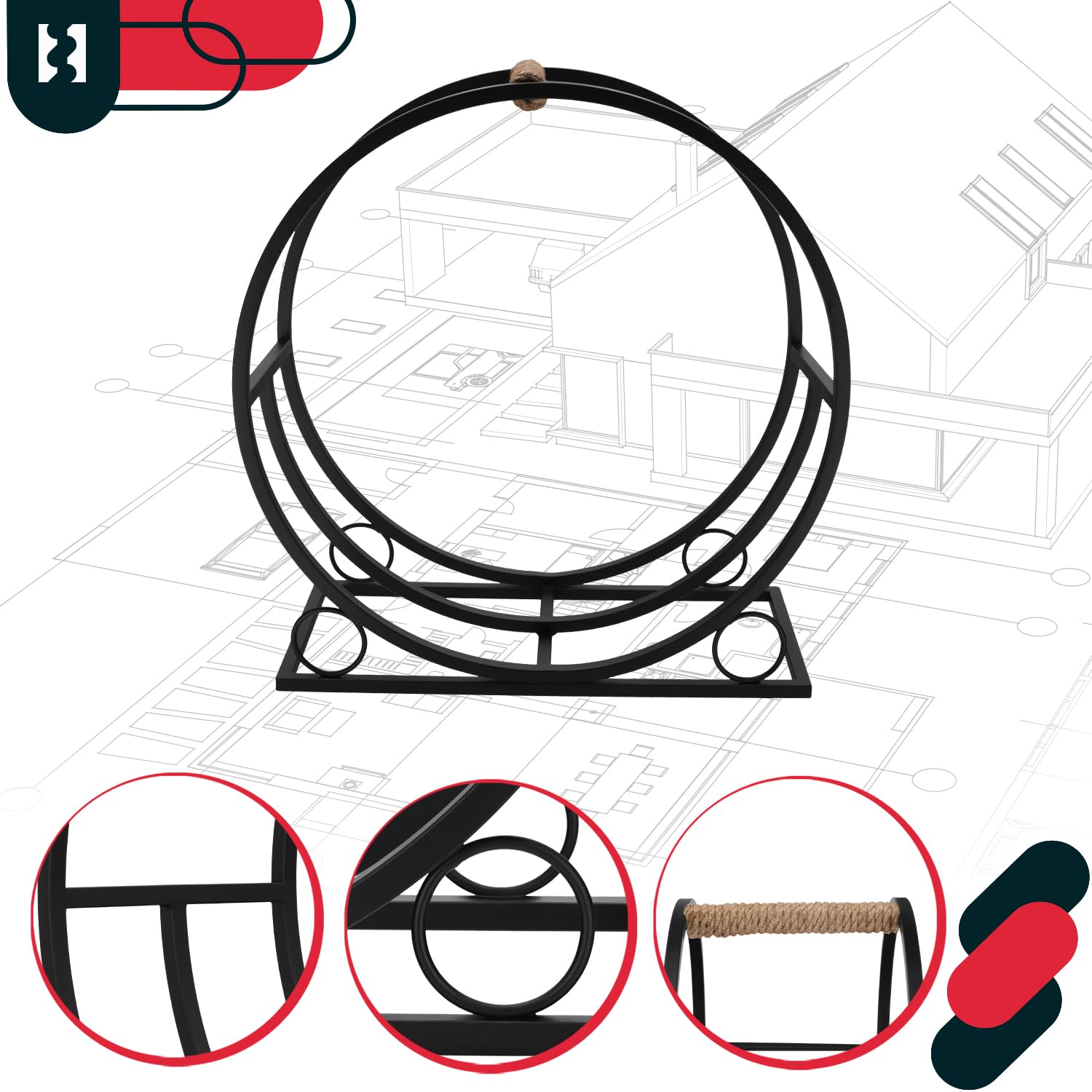KOTARBAU® Holzkorb für Kaminholz - 55 x 25 x 60 cm - Kaminholzregal für innen & außen - Rund - ⌀ 60 cm - Holz Tragekorb - mit Griff - Metall Korb für Kaminholz - Dekorativ - Stahl - Schwarz