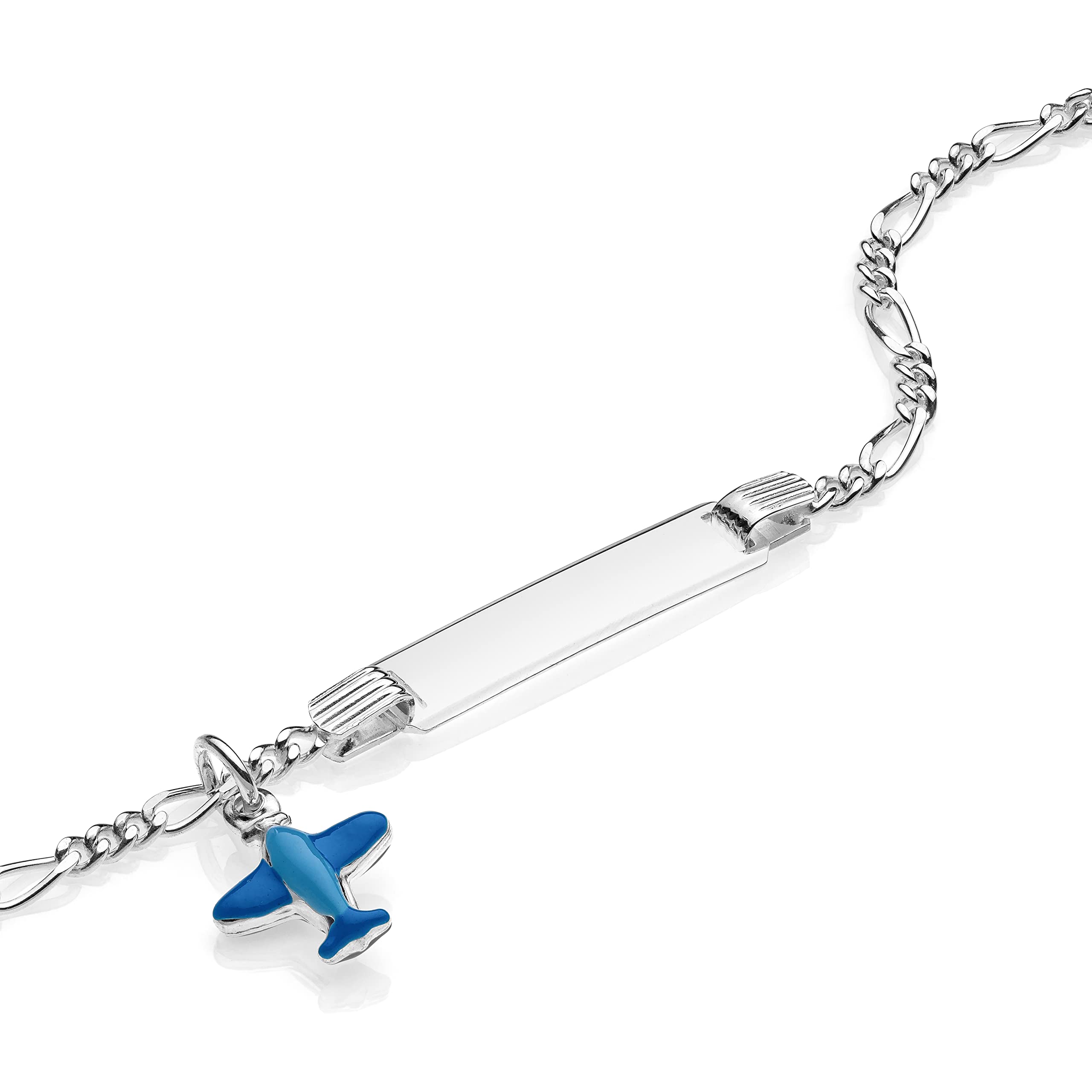 Aka Gioielli® - Pulsera Placa Identificativa con Nombre Plata de Ley 925 con Avión Azul Esmaltado, Regalos Bautizo y Comunión para Niño y Bebé