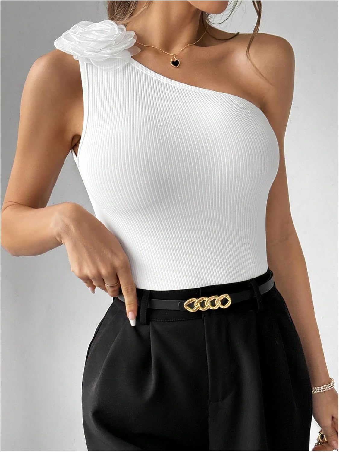 Milumia Women's 3D Floral One Shoulder Tank Top Sleeveless Knitted Fitted Going Out Tops - Image 5