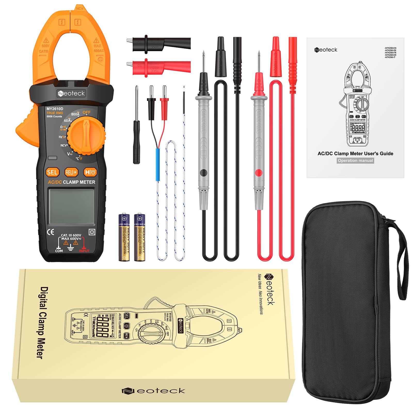 Neoteck Pinza Amperometrica Digitale TRMS 6000 Conteggi – 800 A Corrente AC/DC, Tensione AC/DC, NCV, Continuità, Capacità, Resistenza, Frequenza, Test Diodi e Temperatura, Retroilluminazione e Torcia