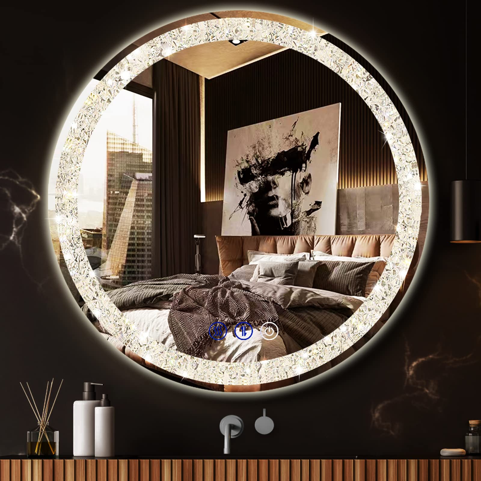 DIDIDADA Crystal Round Bathroom Vanity Mirror with Lights 3 Color 24 Inch Crystal Round LED Bathroom Mirror for Bathroom Wall Mounted Lighted Mirror Anti Fog Smart Light up Circle Bathroom LED Mirror