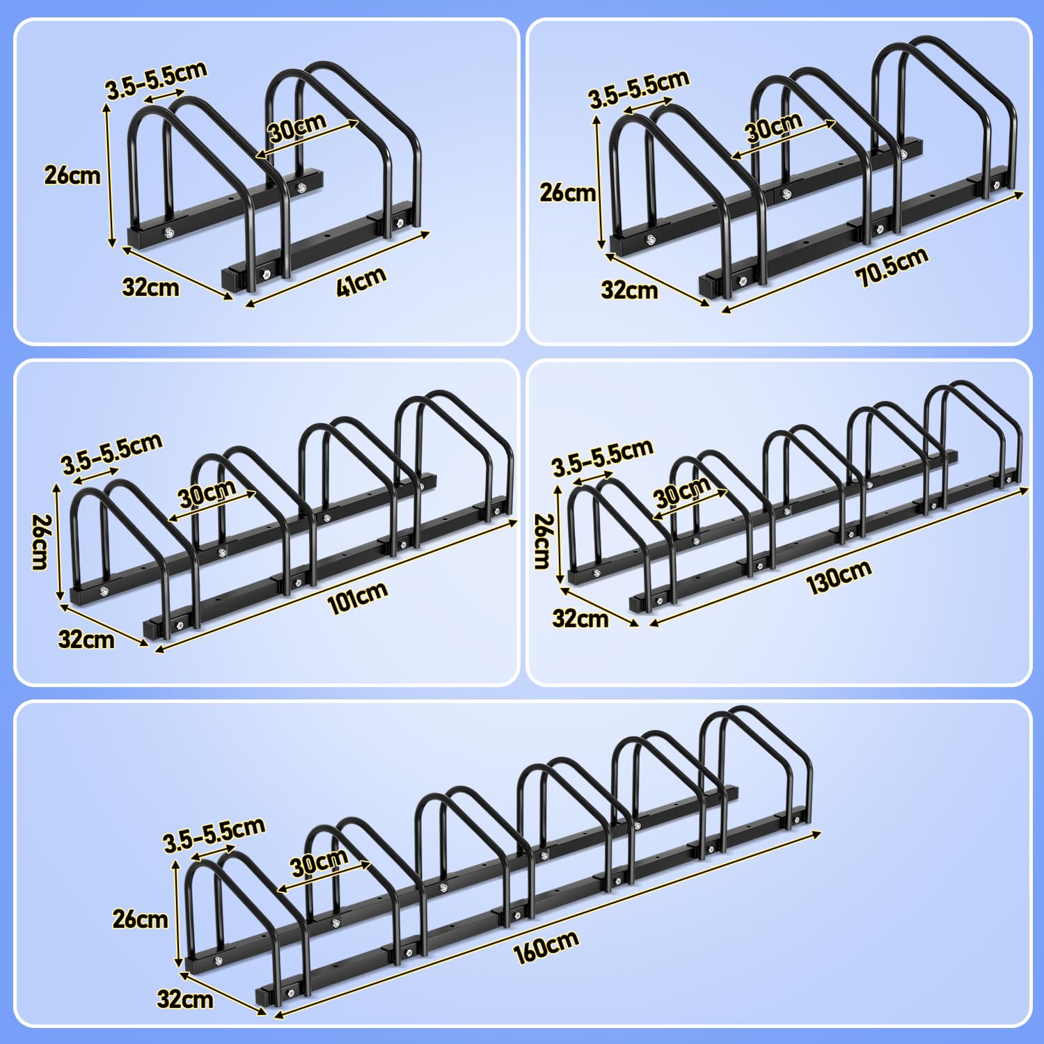 𝗜𝘇𝗿𝗶𝗲𝗹𝗮𝗿 Fahrradständer, Für 6 Fahrräder 35-55 mm Reifenbreite, Boden und Wandmontage, Mehrfachständer Fahrradparker, Aufstellständer Verzinktem, Schwarz MaßeHBT:26x160x32 cm