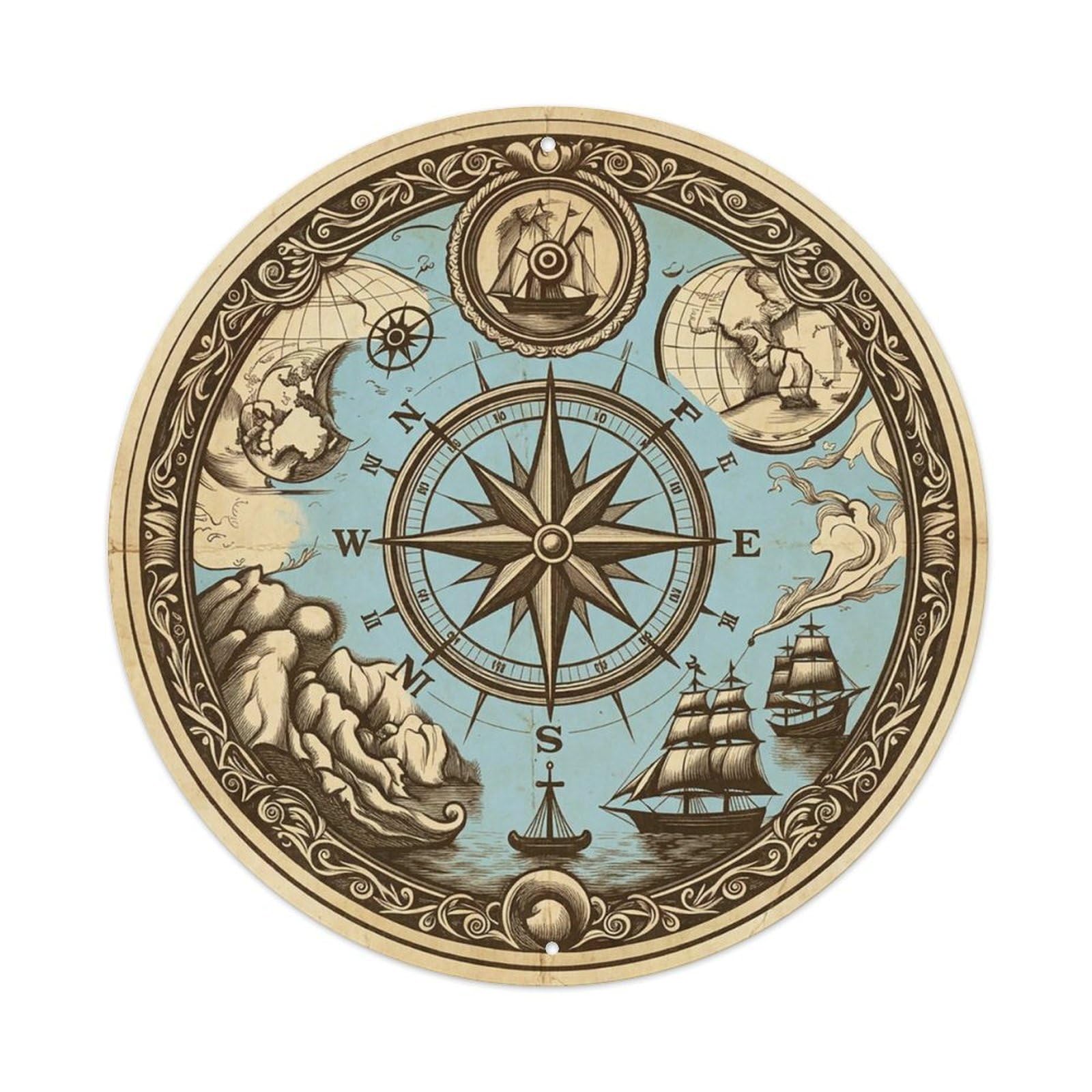 Vintage Nautical Compass World Map Lore Heritage Metal Tin Sign