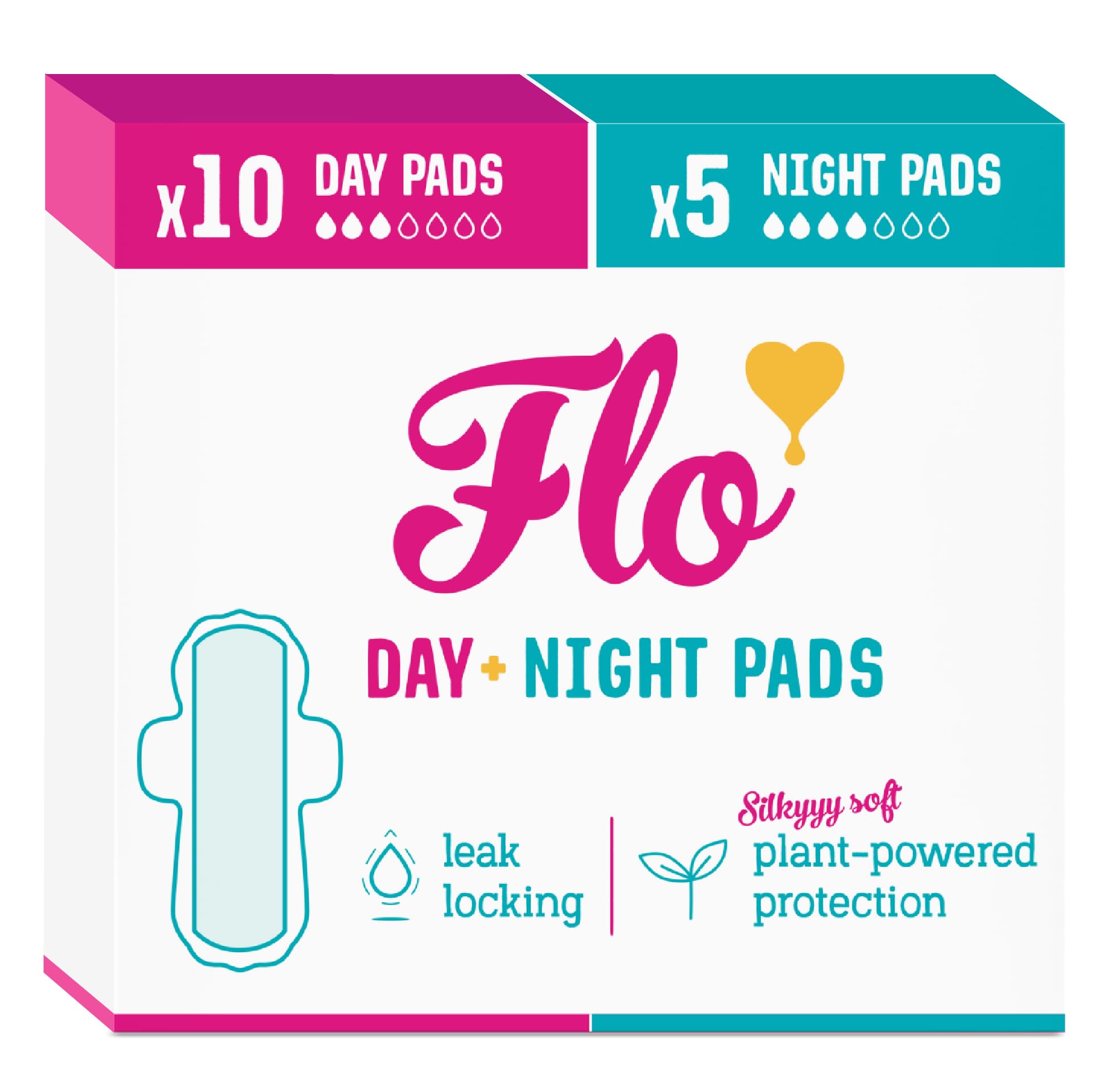 FLO Organic Bamboo Sanitary Towels with Wings – Ultra-Thin, Biodegradable, Soft, Absorbent Period Pads for Leak-Proof Protection – 10 Day Pads & 5 Night Pads Combo Pack