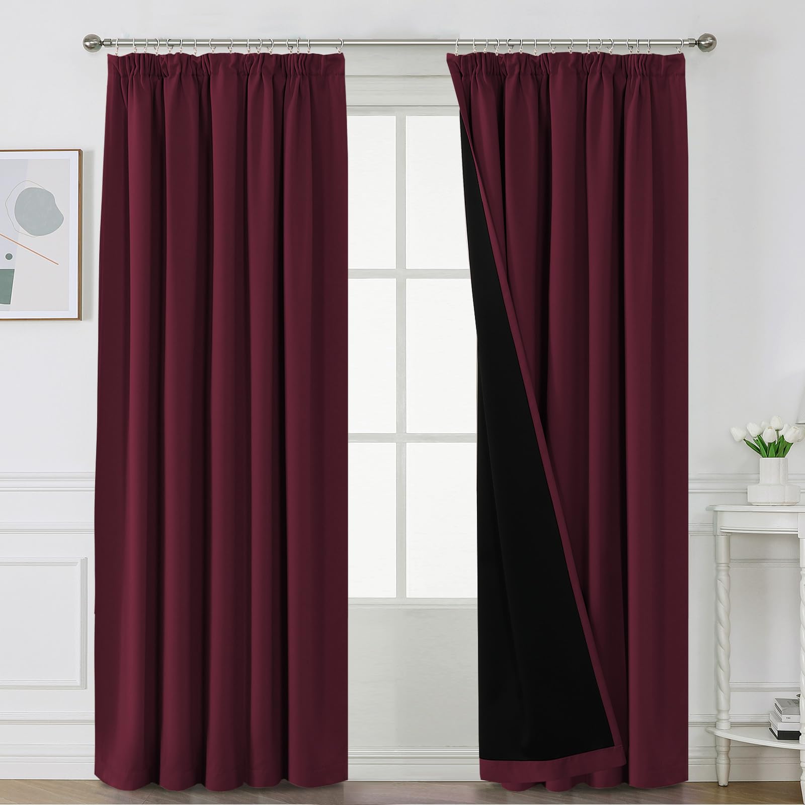 Bellahills Burgundy 100% Blackout Curtains For Bedroom Thermal Insulated Curtains & Drapes Blackout Curtains Pencil Pleat Curtains For Living Room With Black Liner 2 Panels Set, 90 X 90 Inch,