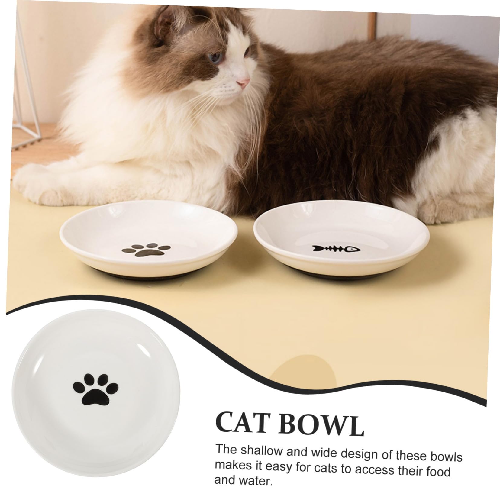 VANZACK Ciotola per Gatti in Ceramica, 3 Pezzi, Bassa e Ampia, Fondo Antiscivolo in Silicone, per Piccoli Gatti, Pappa e Acqua