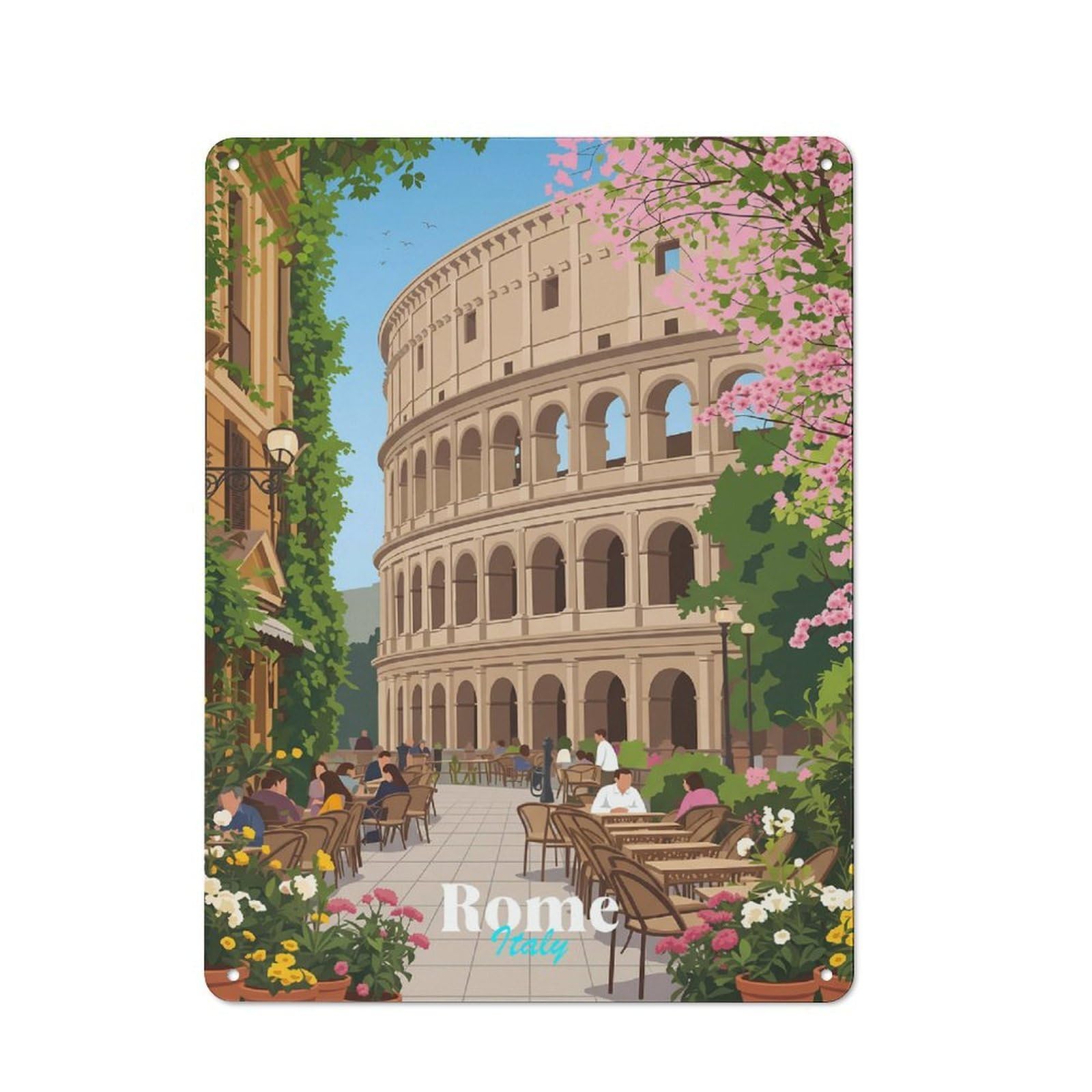 Junmoney Style-1 40X30cm Vintage Metal Sign With Colosseum Cafe Scene In Rome For Studio Or Craft Room, For Vintage Wall Decor Fans, For Metal Sign Collectors
