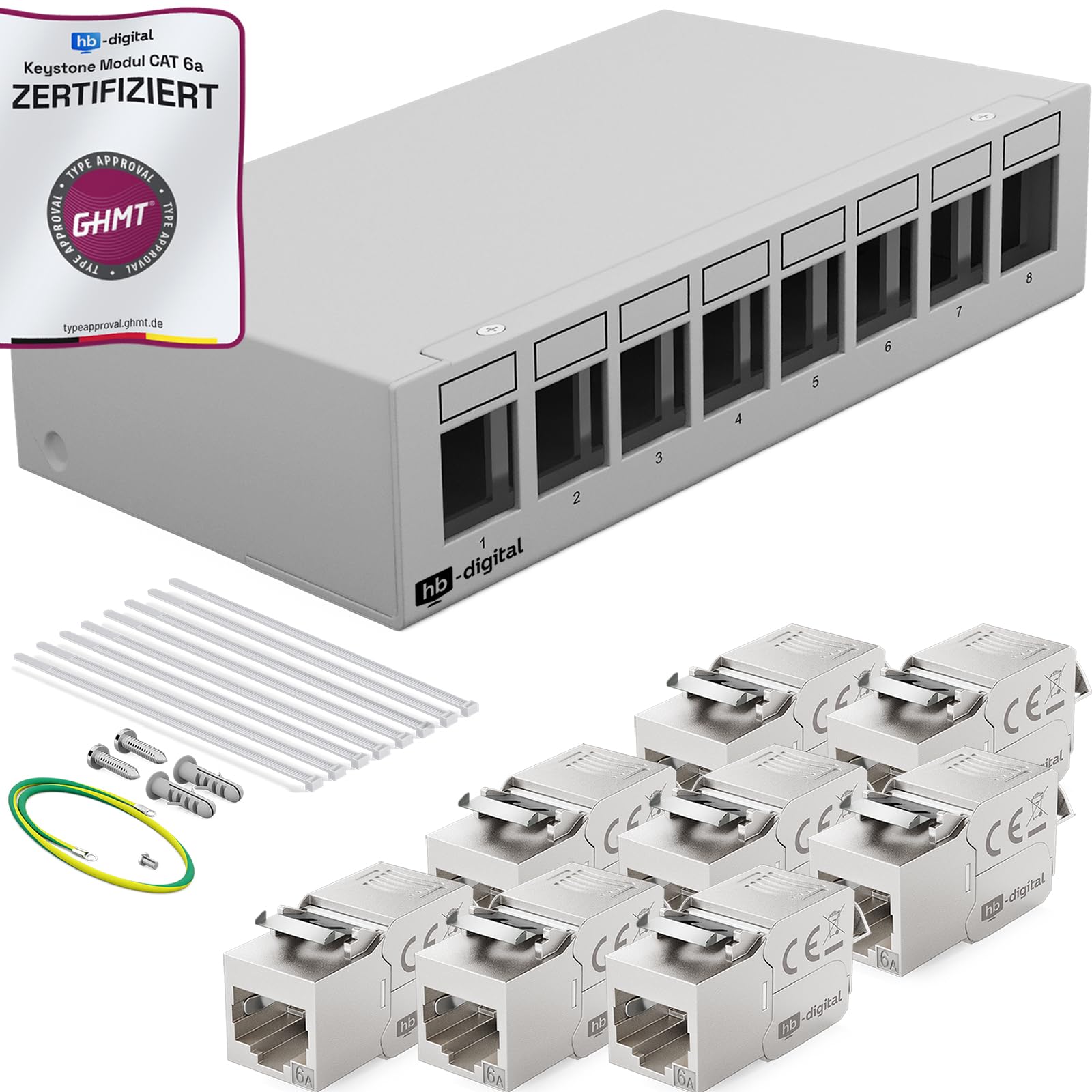 HB-DIGITAL Zestaw: 8-portowy panel krosowy obudowa do modułów Keystone + 8x Cat.6a Keystone RJ45 gniazdo Jack do instalacji sieciowej kompatybilne z kablem instalacyjnym LAN Ethernet | jasnoszary