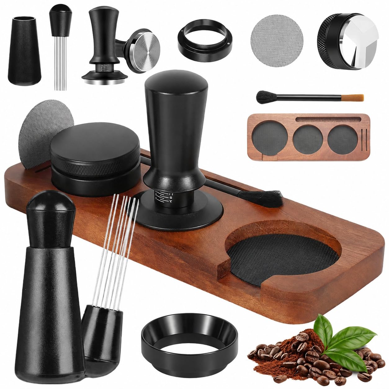 Set Accesorios Cafe 51mm, con Aguja de Espresso, Prensador de Café con Distribuidor, Anillo Dosificador de 51 mm, Agujas para Agitador de Café, Pantalla de Puck, Estación de Tamper, Cepillo de
