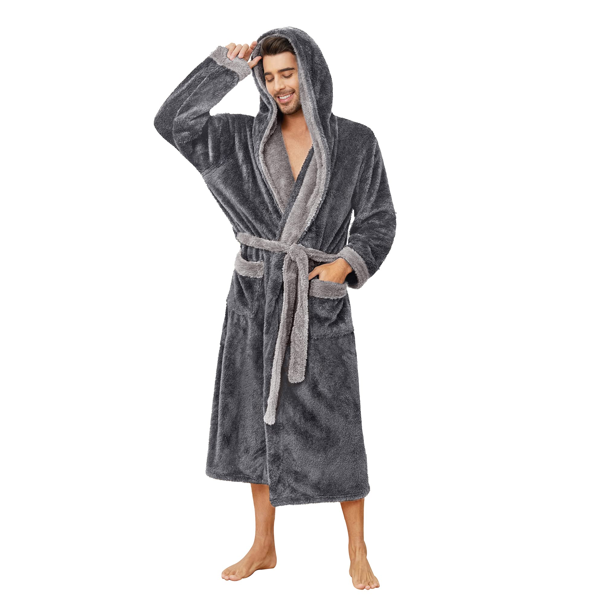 Mens Robe Big and Tall with Hood,Full Length Plush Robe for Men Long Fleece Bathrobe, Dark Grey/Light Grey, XX-Large-3X-Large
