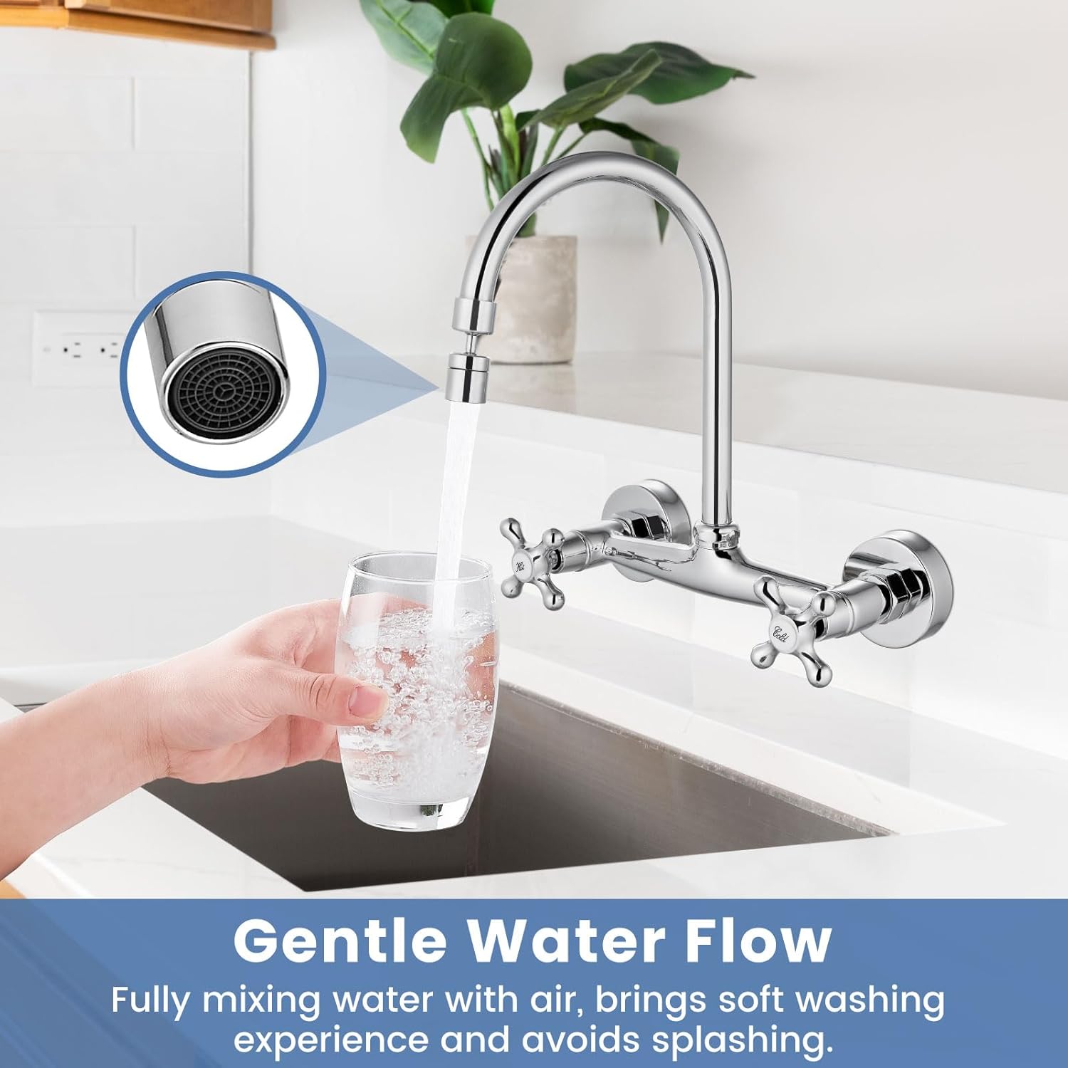 Airuida Wall Mount Kitchen Faucet with Sprayer Wall Mounted Kitchen Sink Faucet Double Cross Handles 360 Degree Swivel Spout Restaurant Mixer Tap Commercial 8 Inch Center Chrome Polish