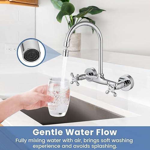 Vista 79 de Airuida Grifo de cocina de montaje en pared con rociador, grifo de fregadero de cocina montado en la pared, asas dobles cruzadas, boquilla giratoria