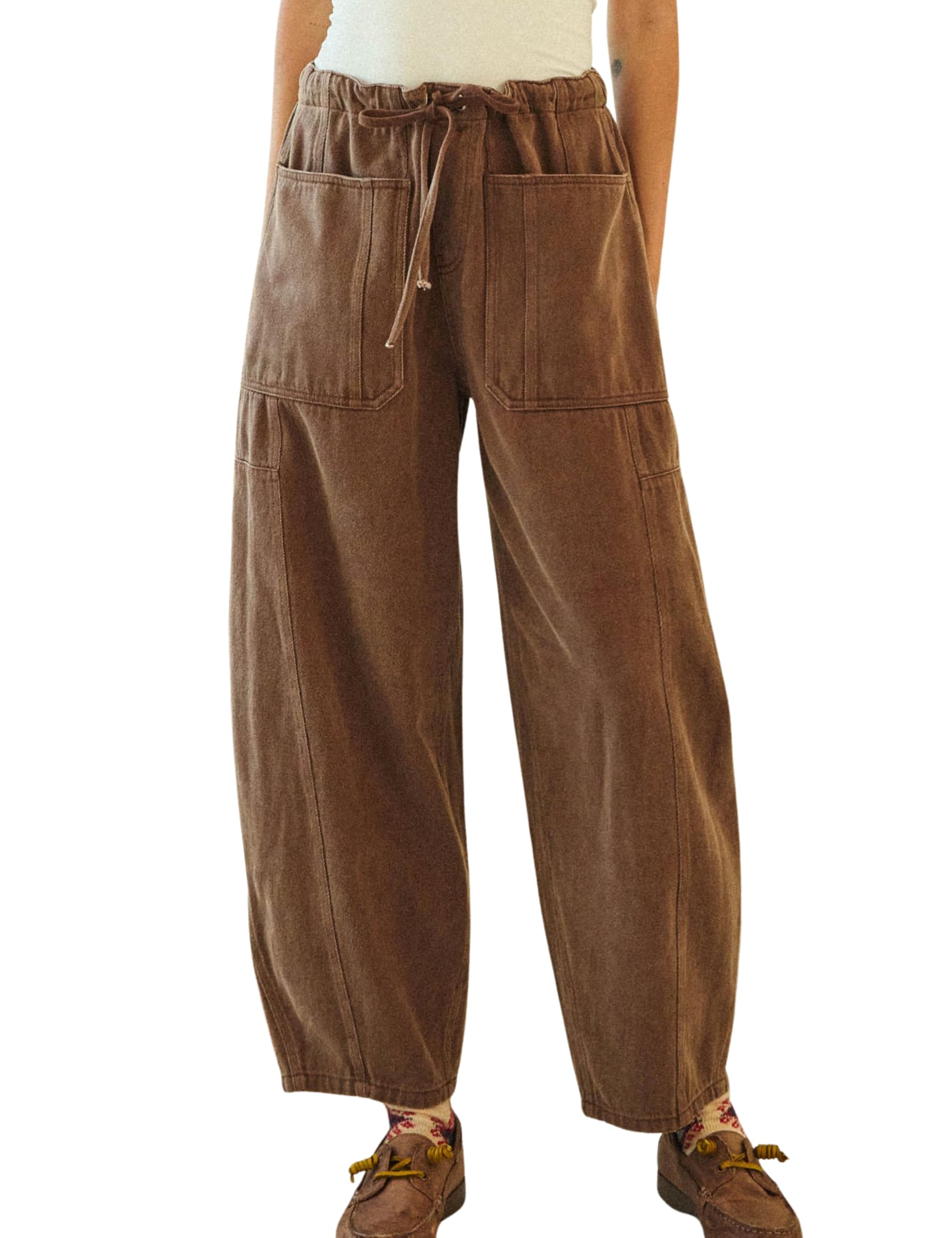 InterNos Womens Trendy Barrel Pants Wide Leg Mid Waisted Trousers Adjustable Drawstring Baggy Pants with Pockets