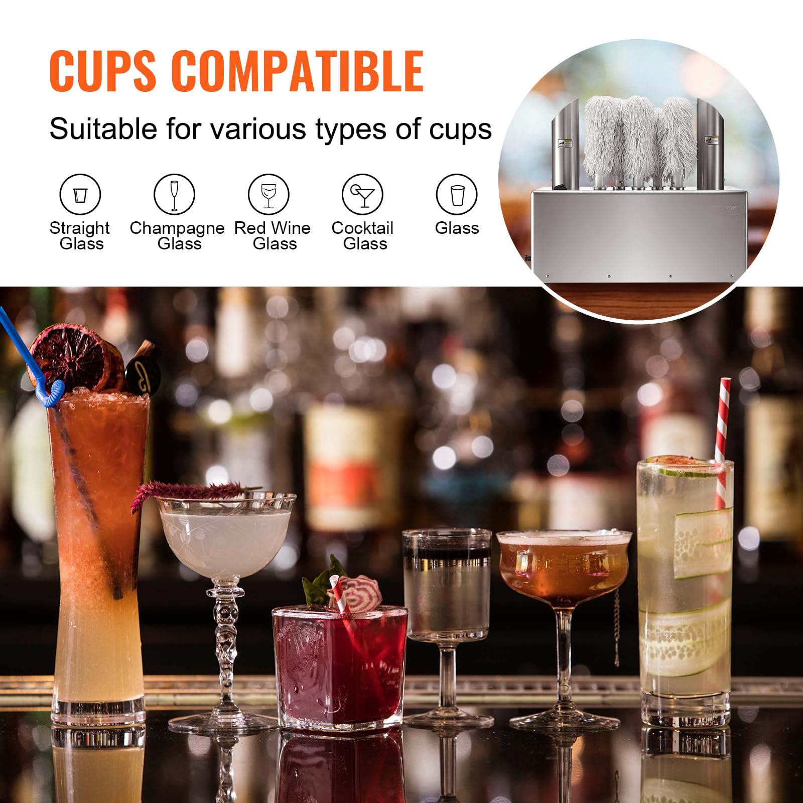 VEVOR Pulidora de Copas de Vino con 8 Cepillos Pulidora de Copas Eléctrica Comercial de 660 tazas/hora para Copas de Champán, Vasos de Cerveza, Jarras, para Bares, Restaurantes, Cocinas, Plata