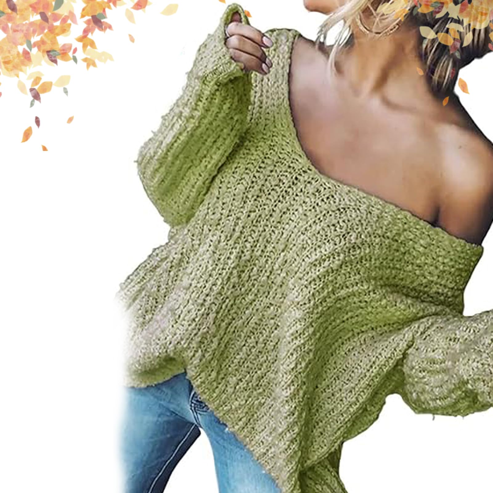 Womens Off-The-Shoulder Sweater Loose Lightweight Pullover Top V-Neck Hollow Knitted Long-Sleeved Solid Color