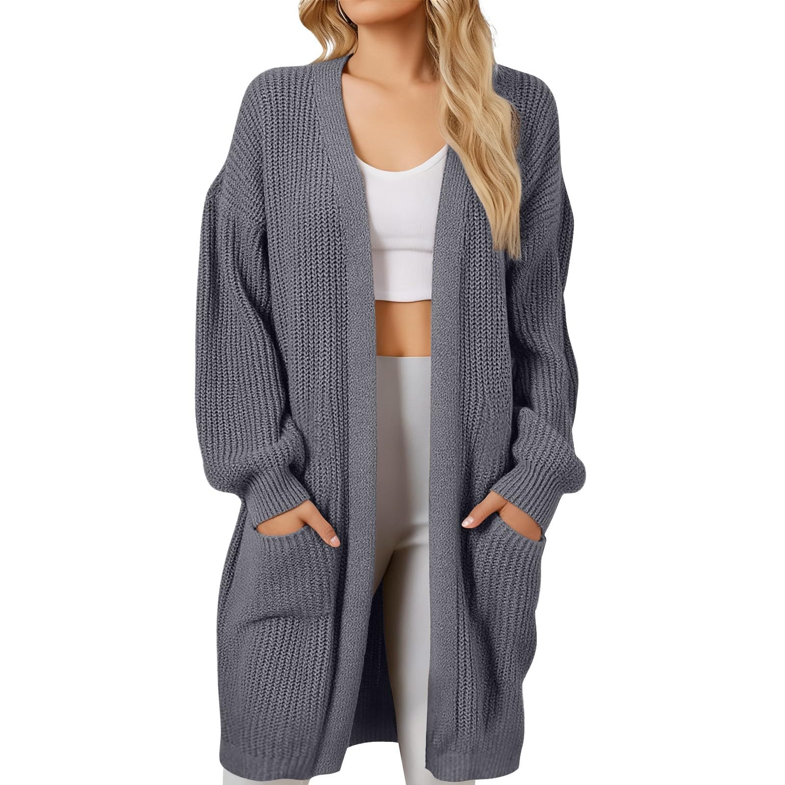 Generisch Cardigan da donna aperto sul davanti, elegante cardigan lungo, aperto sul davanti, cardigan casual largo, leggero, cardigan casual, elegante, per il tempo libero, con tasche, per l'autunno