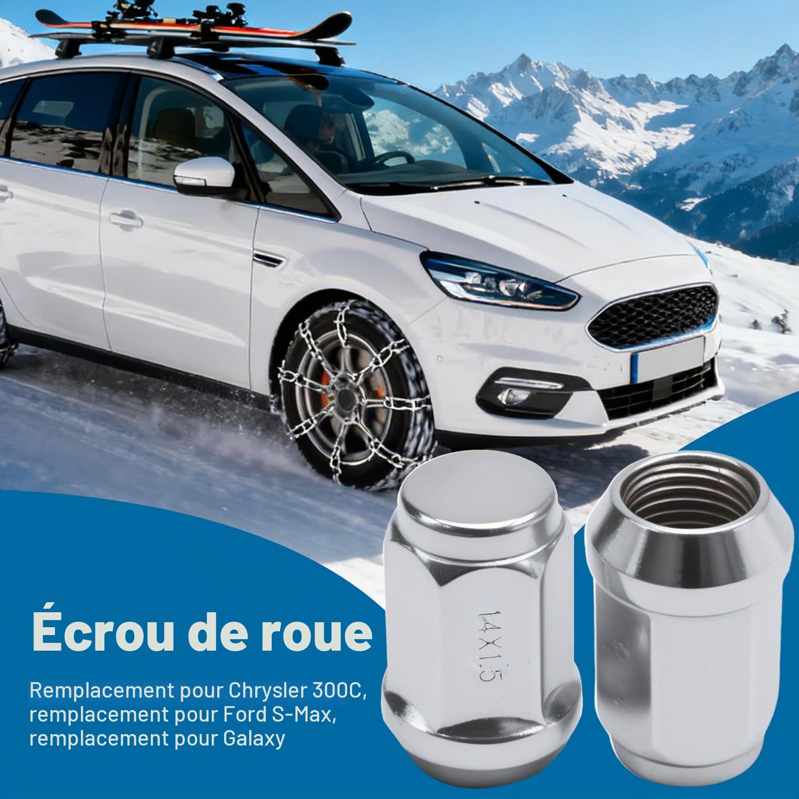 Lot de 20 écrous de roue Hauteur 35 mm M14 x 1,5 Cône en acier inoxydable pour Chrysler 300C, Ford S Max, Galaxy