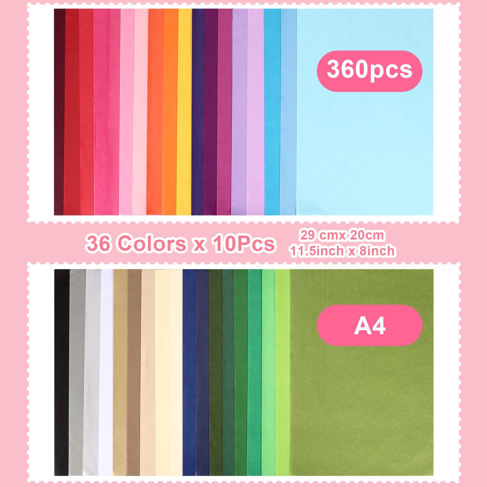 360 Feuilles de Soie 36 Couleurs A4 17 g/m² pour Emballage, Bricolage, Noël, Anniversaire, Mariage et Décoration