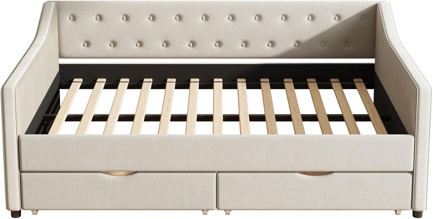 Ball & Cast Full Size Upholstered Daybed with Two Storage Drawer, Day Bed Frame w/Button Tufted Back and Wave Shape Arm for Bedroom, Guest Room,Apartment,Beige