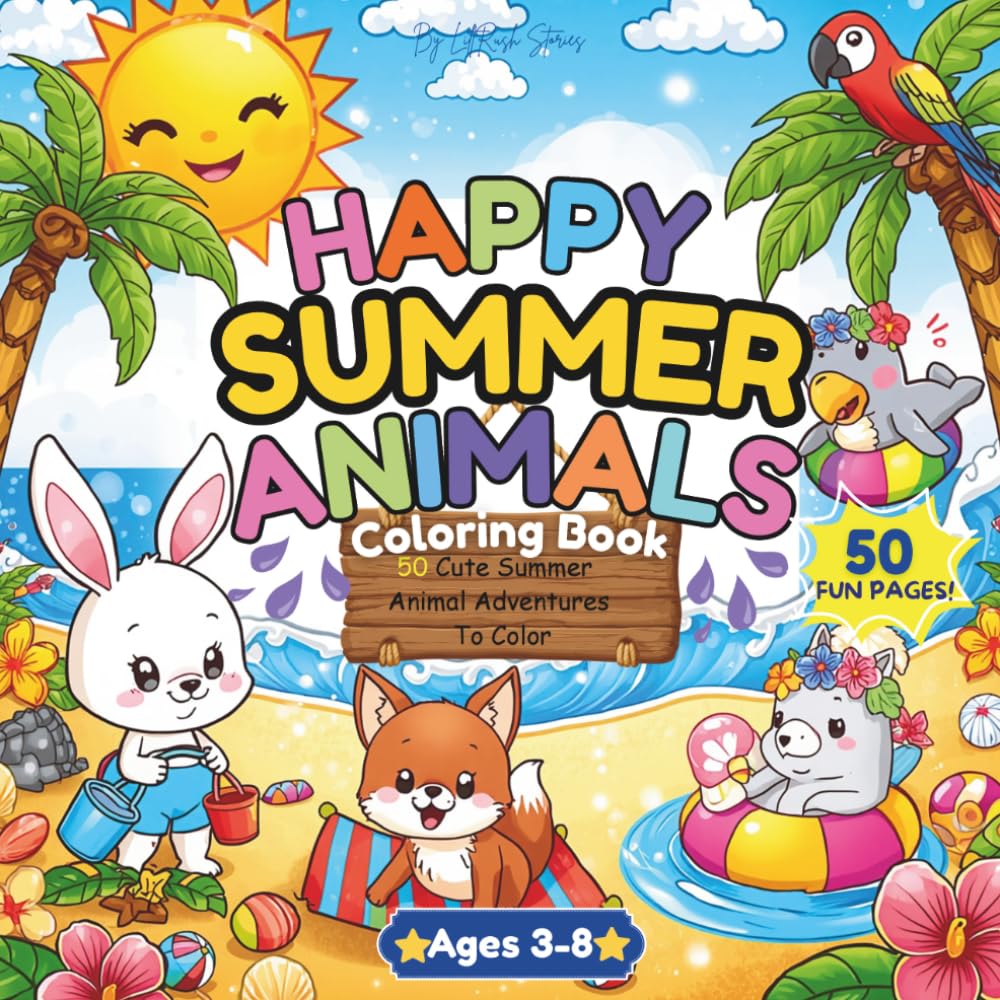 Happy Summer Animals Coloring Book: 50 Cute Summer Animal Adventures to Color for Kids Ages 3-8