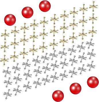Legigo Retro Jacks Game- 60 PCS Metal Jax Game with 6 PCS Red Rubber Balls | Gold and Silver Jacks Game with Balls Set, Classic Vintage Old School Toys Nostalgia Game for Family Kids Gifts