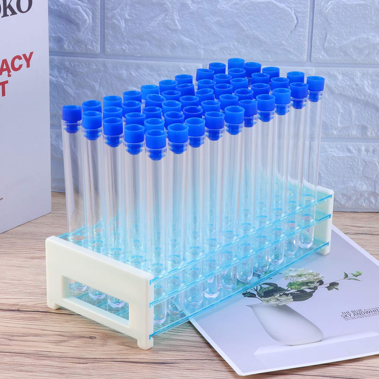 Tubo de Ensayo de Plástico Duro 50 Piezas con Soporte Azul | Cierre Sellado, Apto para Experimento Científico y Uso Doméstico, Adecuado para Guardar Polvo