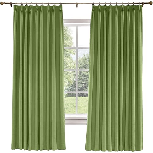 Drapifytex Pinch Pleated Drapery Green Faux Linen Blackout Lined Curtain, Bedroom Curtain Livingroom Curtain, 72 Inches Width by 84 Inches Length