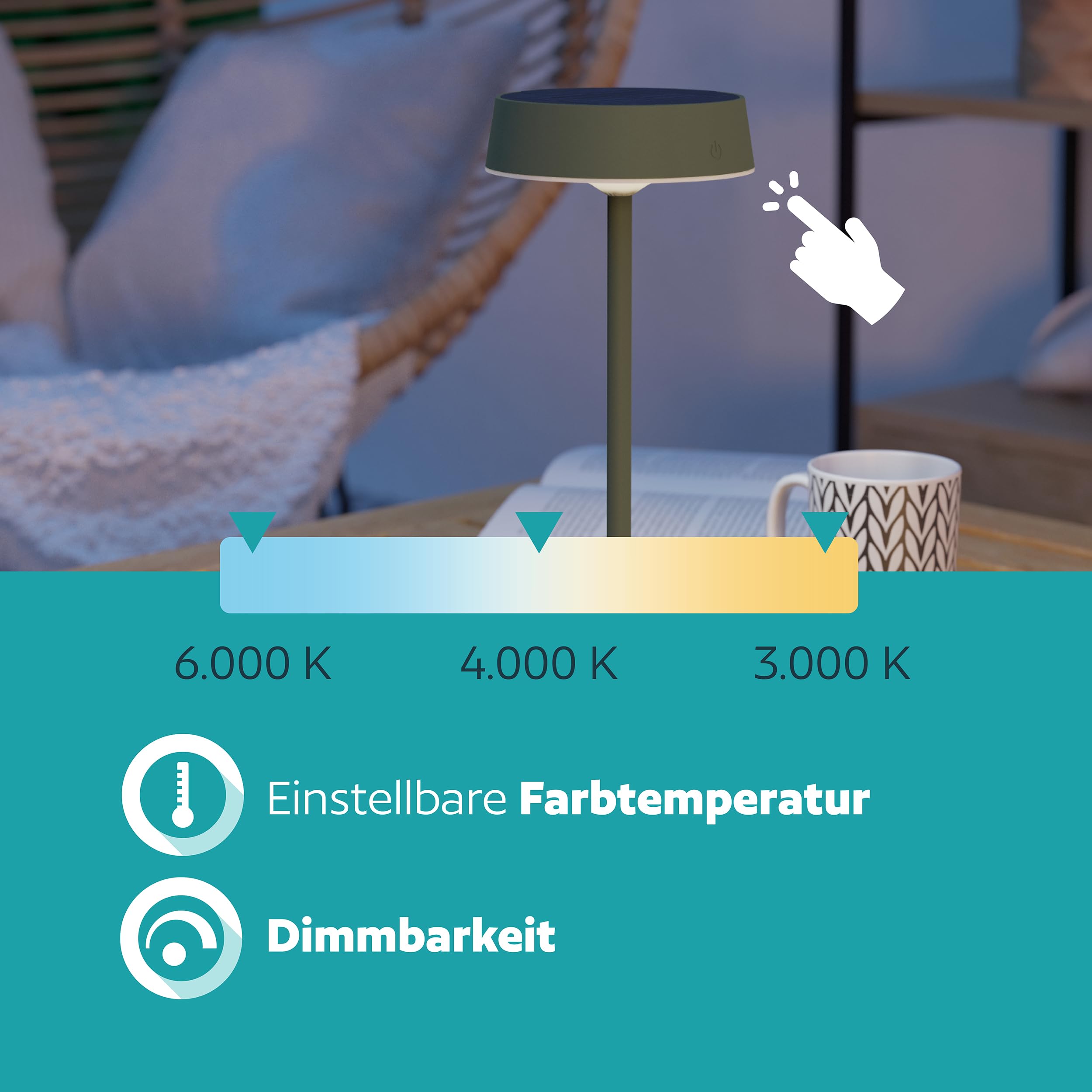 EGLO LED Solar Tischleuchte außen Simeri, kabellose Akku Tischlampe Touch dimmbar, Solarlampe Outdoor aus Metall in Grün, warmweiß, neutralweiß, kaltweiß, IP54