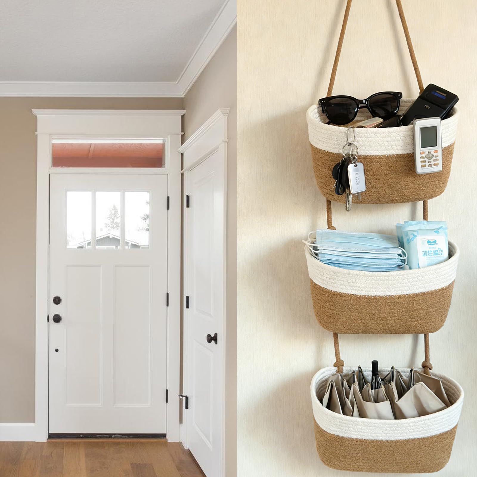 anier à Suspendre 3 Niveaux, Panier à Suspendre en Corde de Coton, Panier Mural Osier pour Salle de Bain, Cuisine et Chambre, Over the Door Storage, Marron Clair
