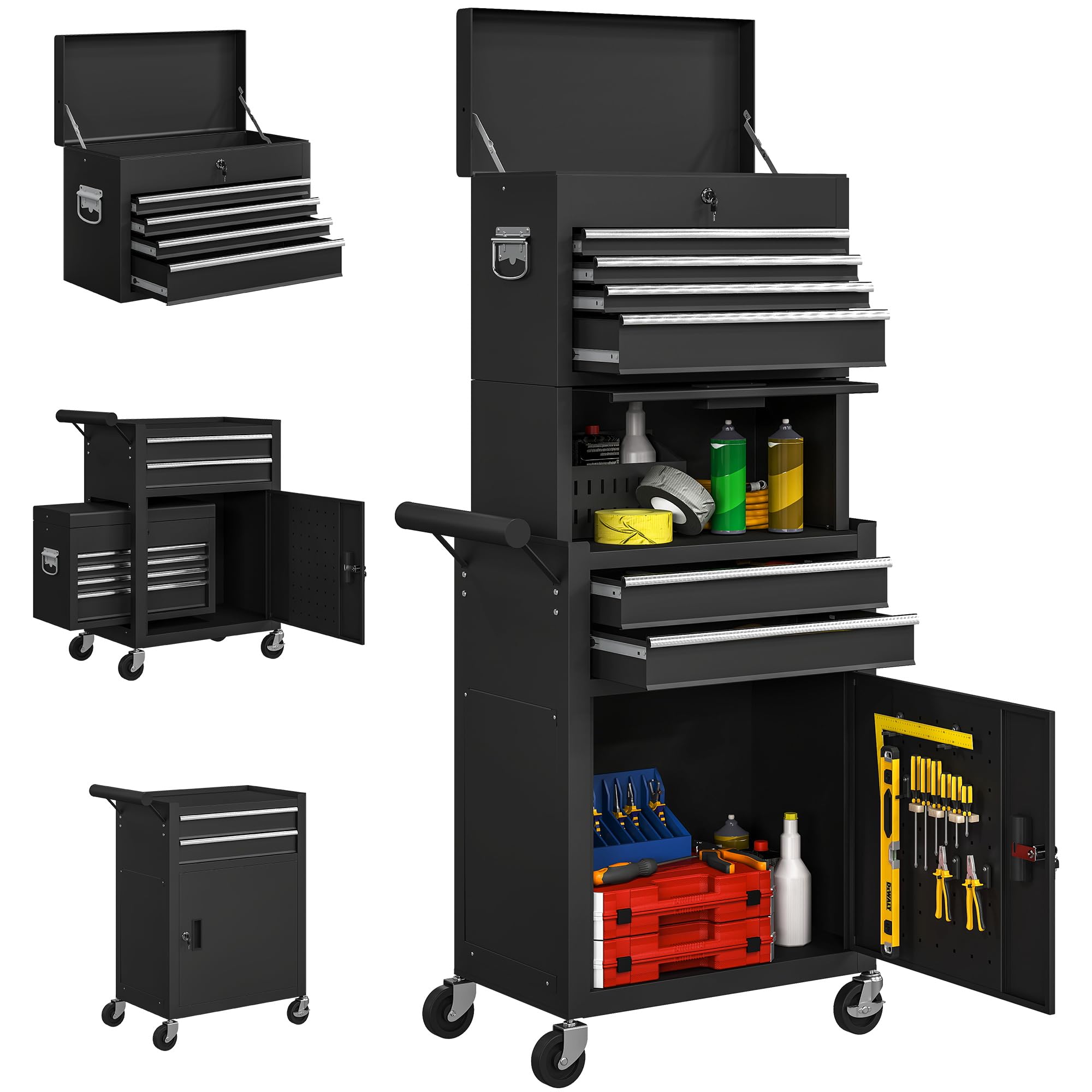 HOMCOM Lockable Tool Cabinet, 3-in-1 Rolling Tool Chest Combo with 6 Drawers and Pegboard, Detachable Steel Tool Storage Cabinet for Garage and Workshop, Black