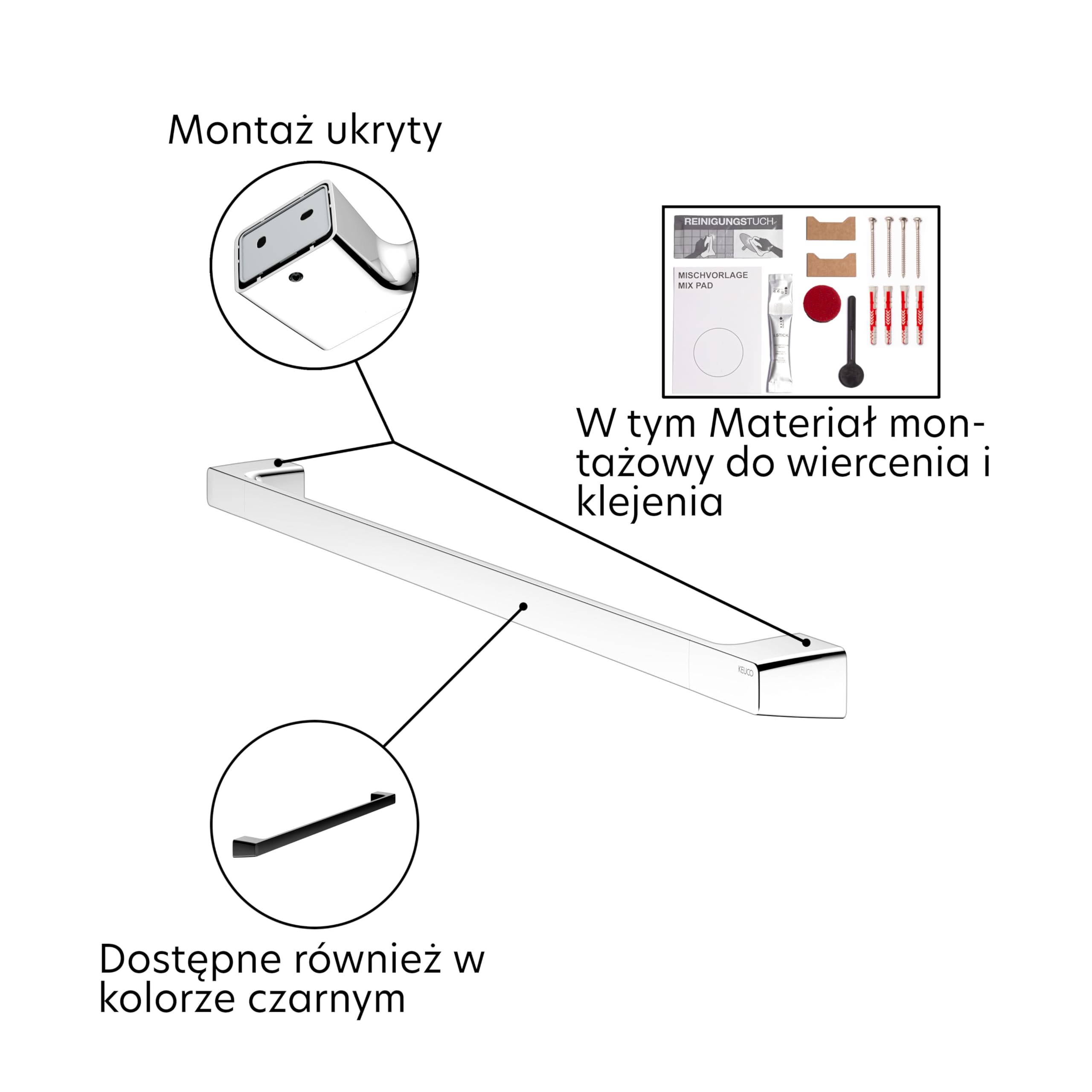 Keuco Rose Uchwyt na ręcznik jednoramienny 80 cm, bez wiercenia, chrom | Wyprodukowano w Niemczech, z zestawem do klejenia i wkręcania, wieszakiem na ręcznik do klejenia lub wkręcania
