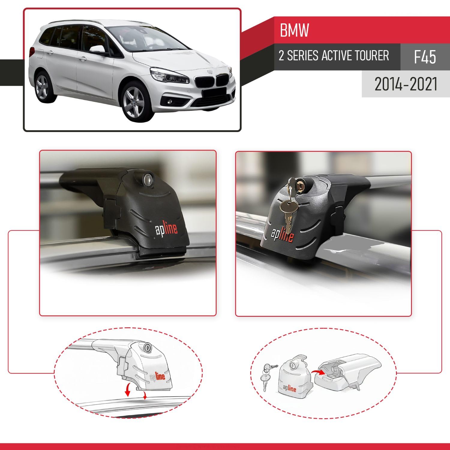 Compatible con BMW Serie 2 (F45) Active Tourer 2014-2021 Modelo Ace-2 Barra de Techo Auto Portaequipajes Barras Transversales Gris Aluminio 2 Barras