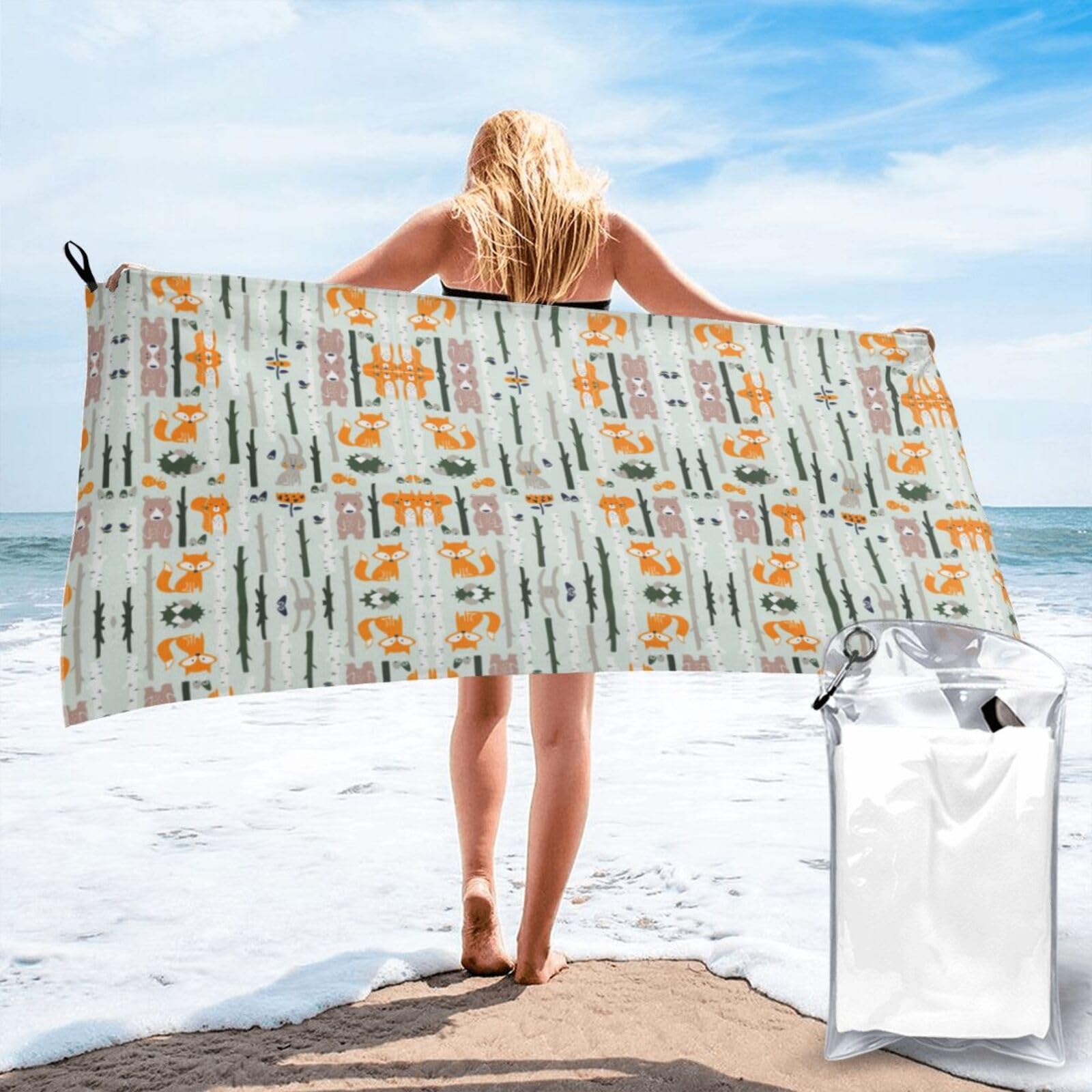 WYCZHY Cute Fox Bear Bird Tree Print Beach Towel Soft Quick Dry For Spa Pool Gym Vacation Travelers Women Men Adults Sauna Gift