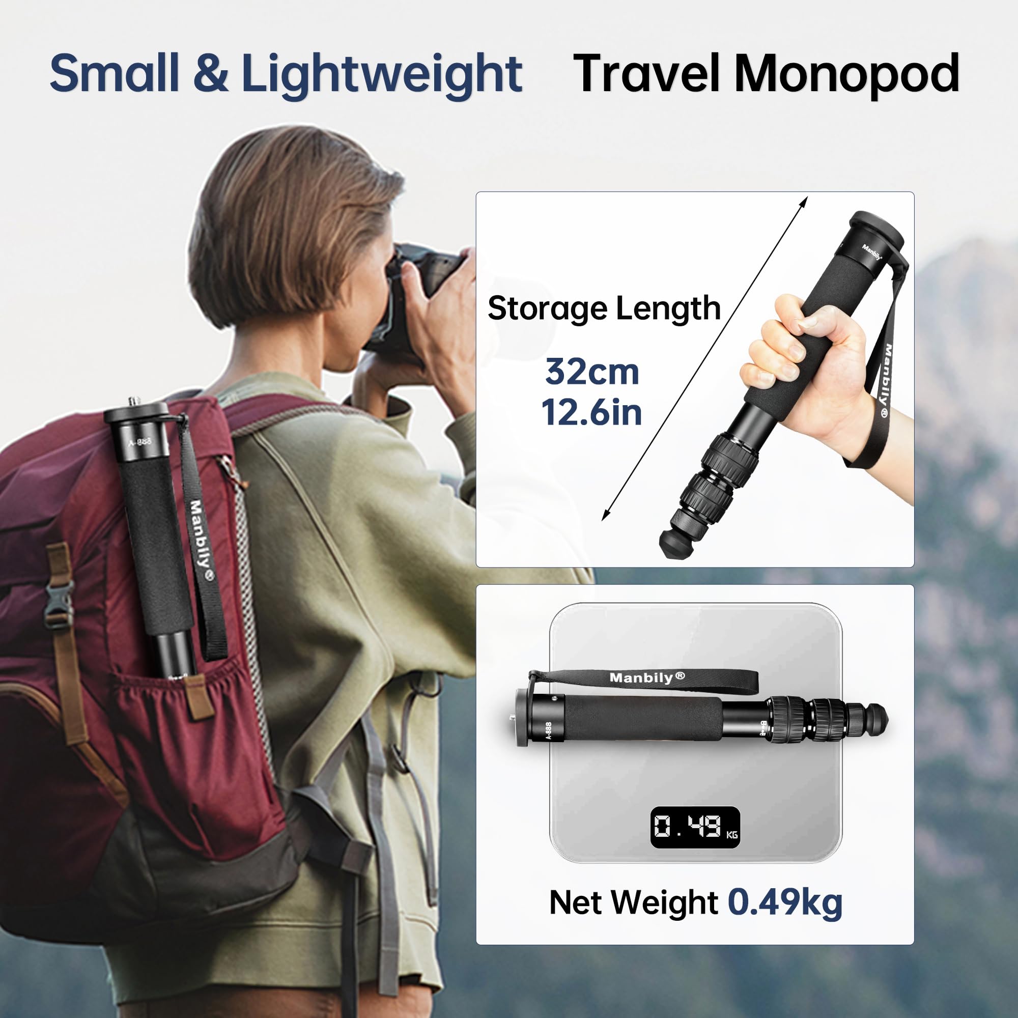 Manbily 36mm Einbeinstativ für Kameras 44cm-174cm aus Aluminium Monopod Stativ DSLR Reise-Einbeinstativ mit Gehstockgriff 6 Abschnitte Wanderstöcke Max. 18KG mit Telefonclip Videokamera