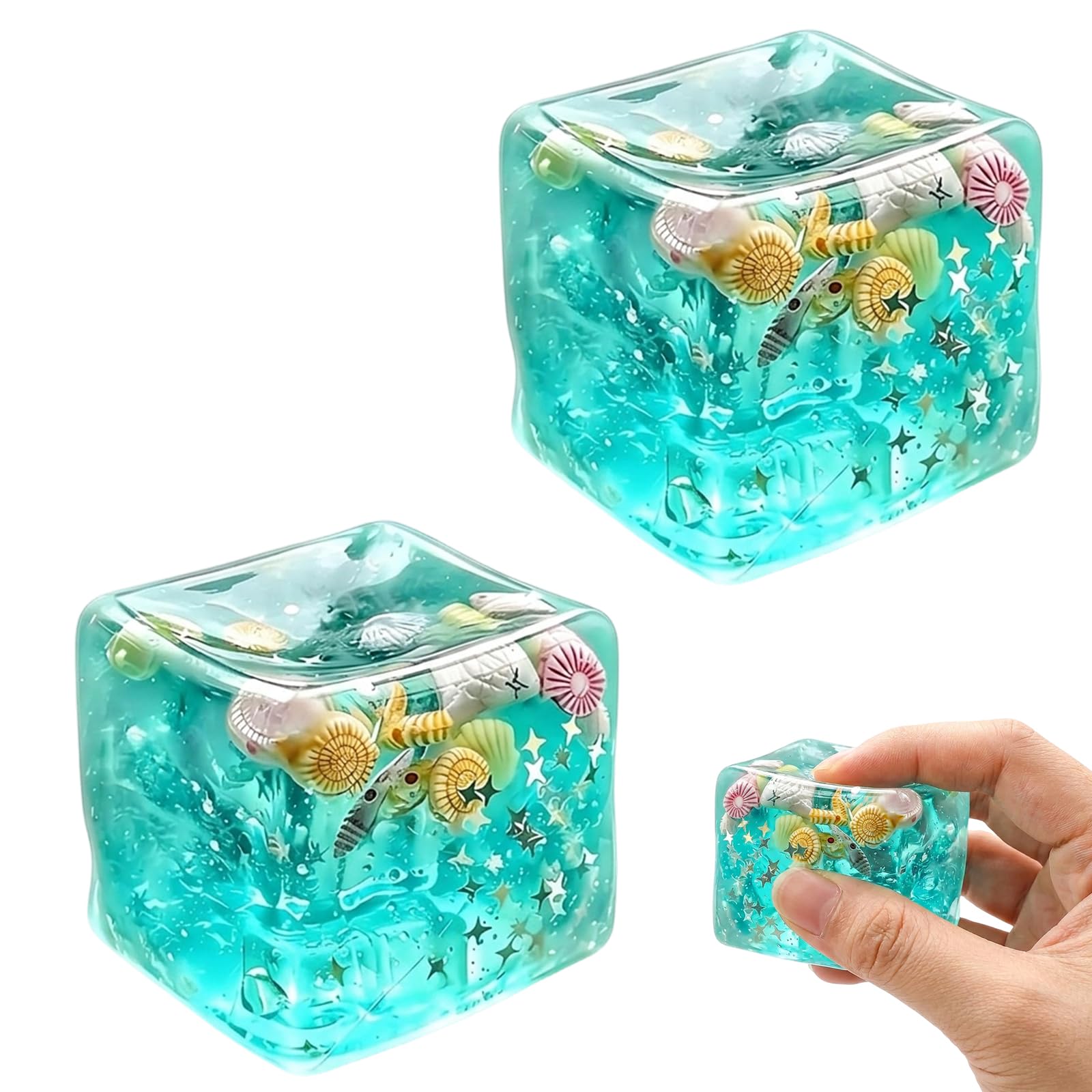 2 PCS Squishy Cube, Ocean-Themed Sensory Fidget Tools, Slow Rise Squishies for Anxiety Relief and Focus Enhancement, Soft Squeeze Sensory Stimulation for Office and Study Use