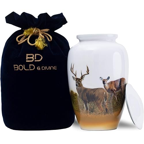 BOLD & DIVINE Hand Painted Deer Grazing Cremation Urn | Human Ashes Adult Memorial urn, Burial, Funeral Cremation Urns | 200 Cubic Inches (Large Adult Urn) with Unique Velvet Bag