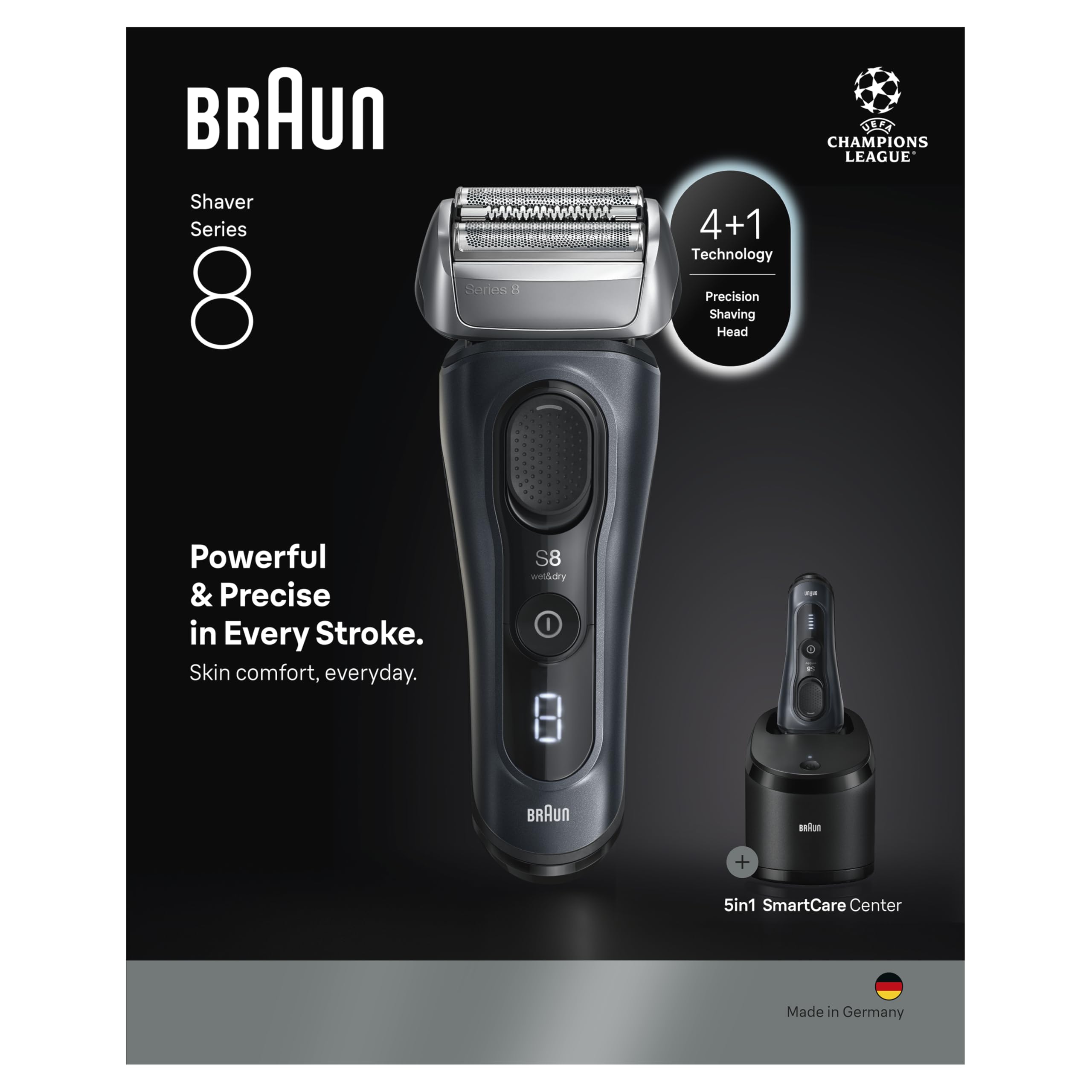 Braun Rasoir électrique série 8, tête et tondeuse de précision 4+1, SensoAdapt pour toute densité de barbe, jusqu'à 60 min, 5 en 1 SmartCare Center, rasoir humide et sec pour homme, 8663CC, gris
