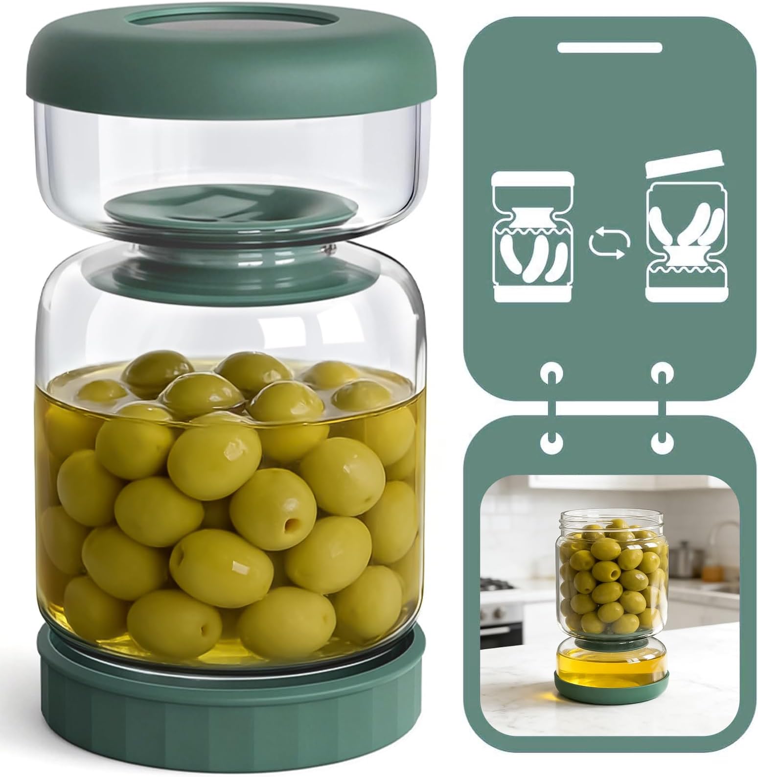Pickle Jar with Strainer Flip, 34oz Container Strainer, Glass Storage Container, and Olive Hourglass Lid, Leakproof Flip for Olives,Jalapenos,Beets, Green