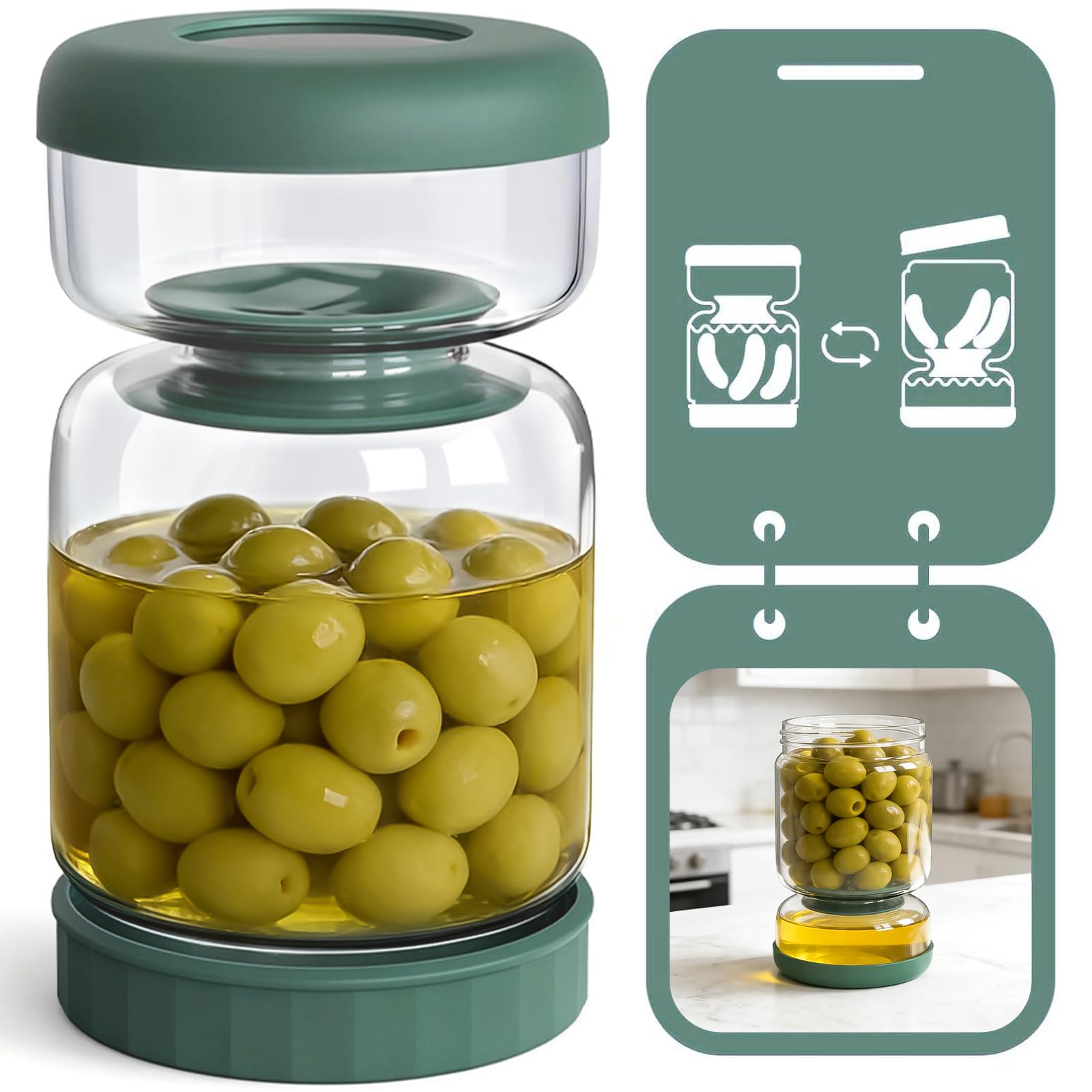 Luvan Pickle Jar with Strainer Flip, 34oz Container Strainer, Glass Storage Container, and Olive Hourglass Lid, Leakproof Flip for Olives,Jalapenos,Beets, Green
